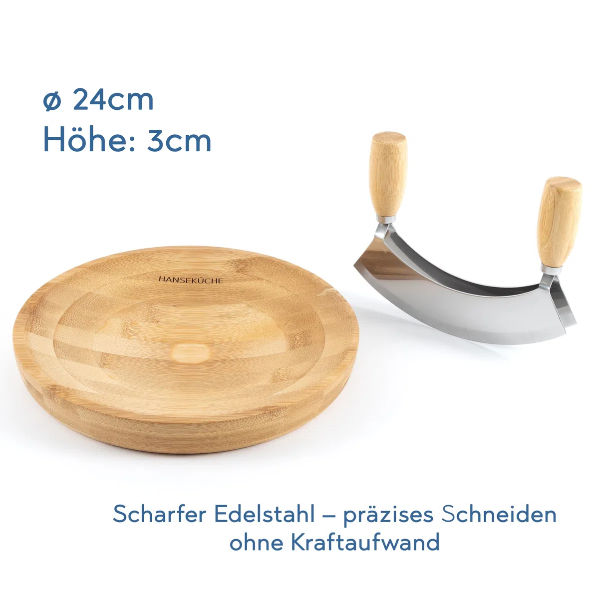Hanseküche Wiegemesser Set mit Bambus Schneidebrett – 2-Klingen Kräutermesser aus Edelstahl – Kräuterhacker zum Hacken & Schneiden von Kräutern, Nüssen & Knoblauch – Profi Küchenhelfer