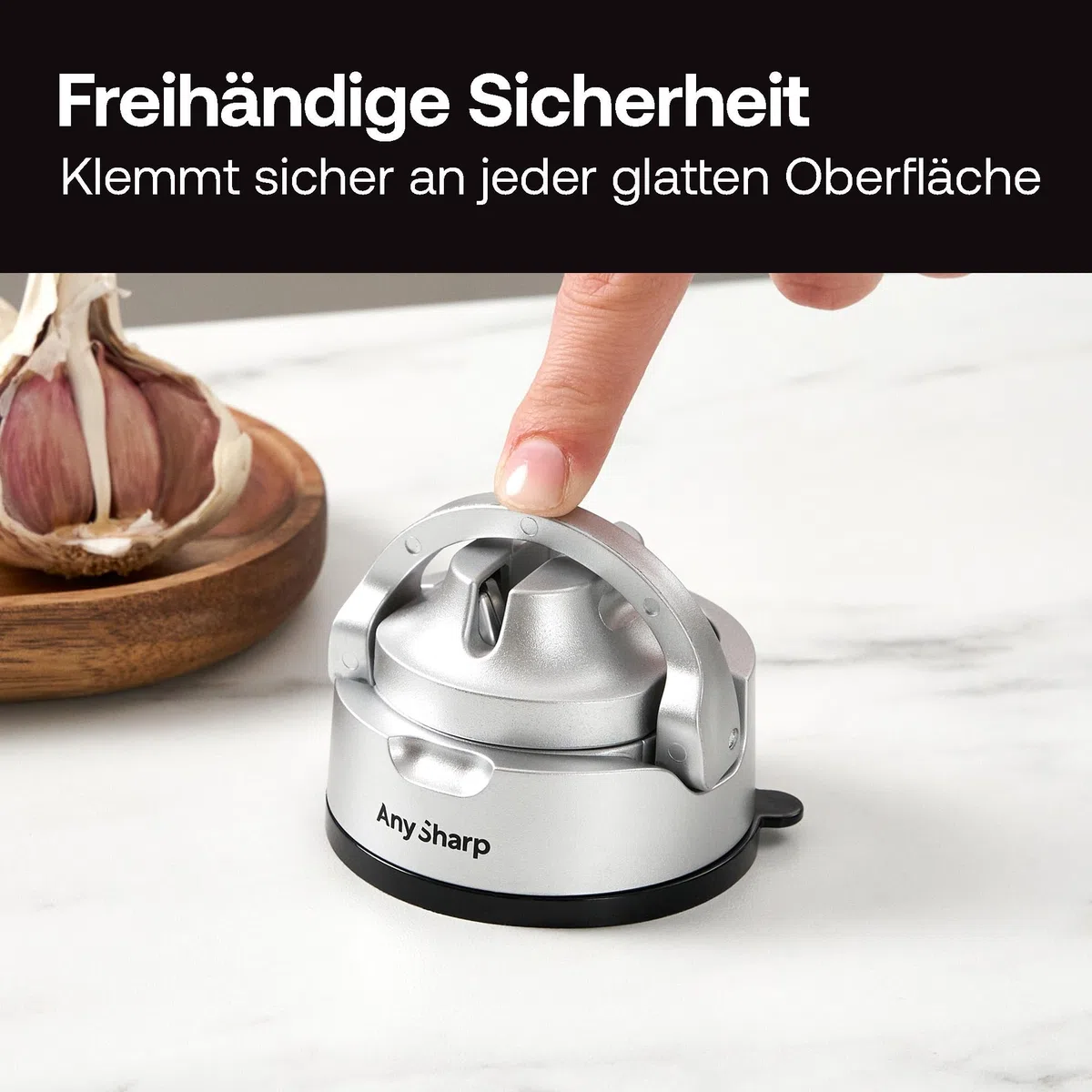 AnySharp Evo Messerschärfer & Messerschleifer mit verstärktem PowerGrip Saugnapf, Wolframkarbid-Schärfsystem mit Metall-Auffangbehälter, für Küchenmesser, Wellenschliff & gehärteten Stahl