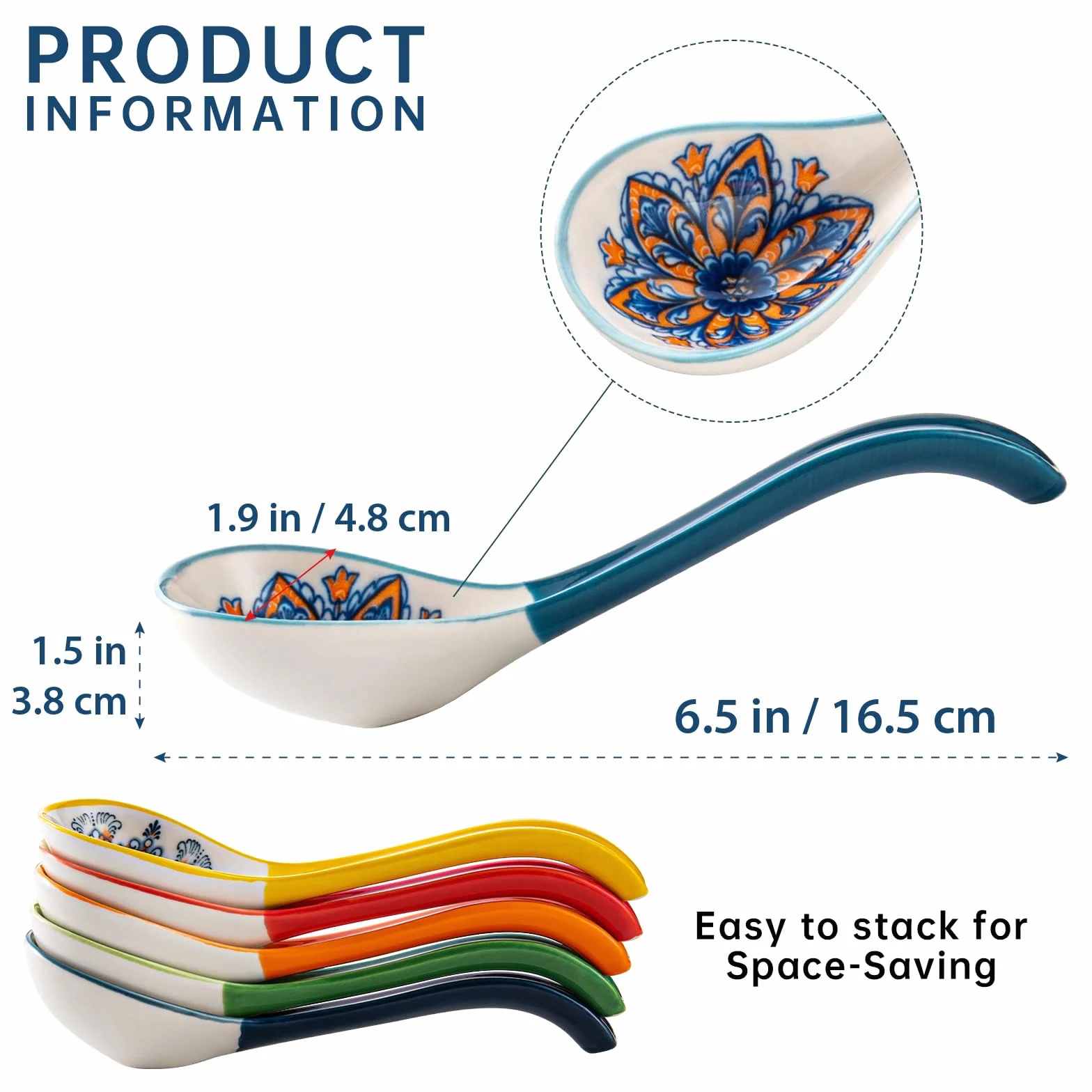 HENXFEN LEAD Suppenlöffel Porzellan, 6,5 Zoll Ramen Löffel für Suppe, Knödel, Reis, und Pho Wonton Nudeln. Bunte, 6er Pack - Bohemian Style