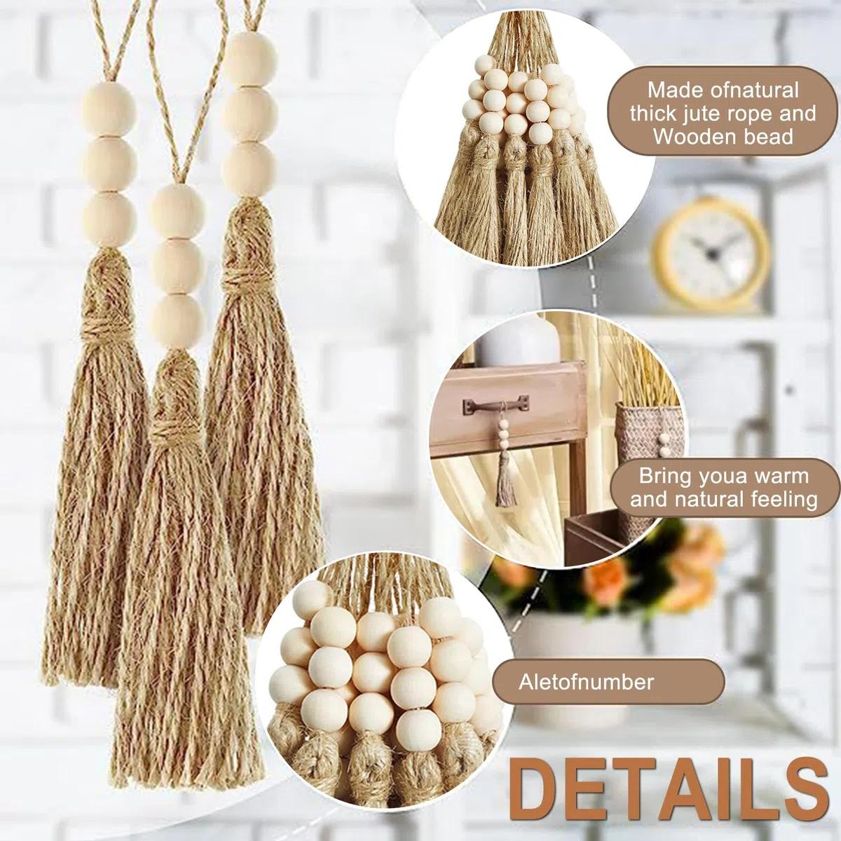 20 Stück Juteseil Quasten mit 3 Holzperlen, Natürliche Holzperlen Girlande, Rustikale Bauernhaus Dekoration für Weihnachtsbaum, Tür, Fenster, Hochzeit, DIY Handwerk (Naturfarbe)
