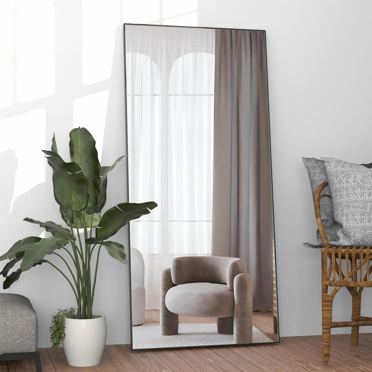 Ganzkörperspiegel 165 x 60 cm Bodenspiegel, großer schwarzer Spiegel, Rechteckiger Spiegel für Schlafzimmer, Wohnzimmer, zum Aufhängen oder Anlehnen an die Wand, Rahmen aus
