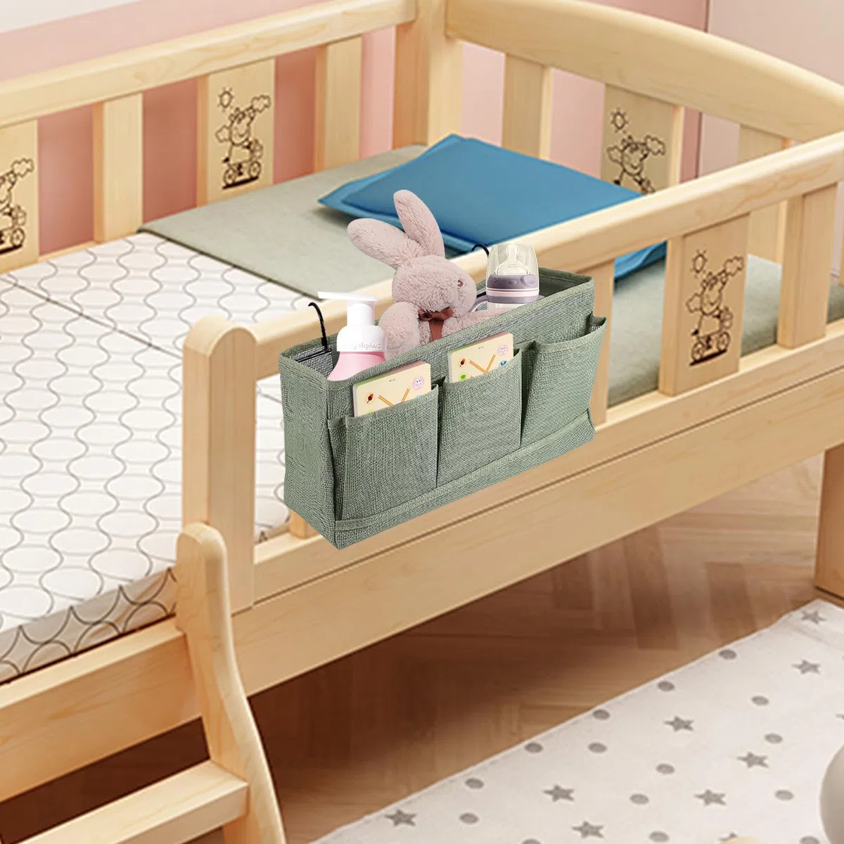 Net Nachttisch-Hängeaufbewahrung,Bett Organizer Zum Einhänge,betttaschen hängeaufbewahrung,Bett-Organizer,Betttasche zum Einhängen 3 Fächer,Hänge-Aufbewahrungstasche für Zuhause,Schule,Wohnheim (Grün)