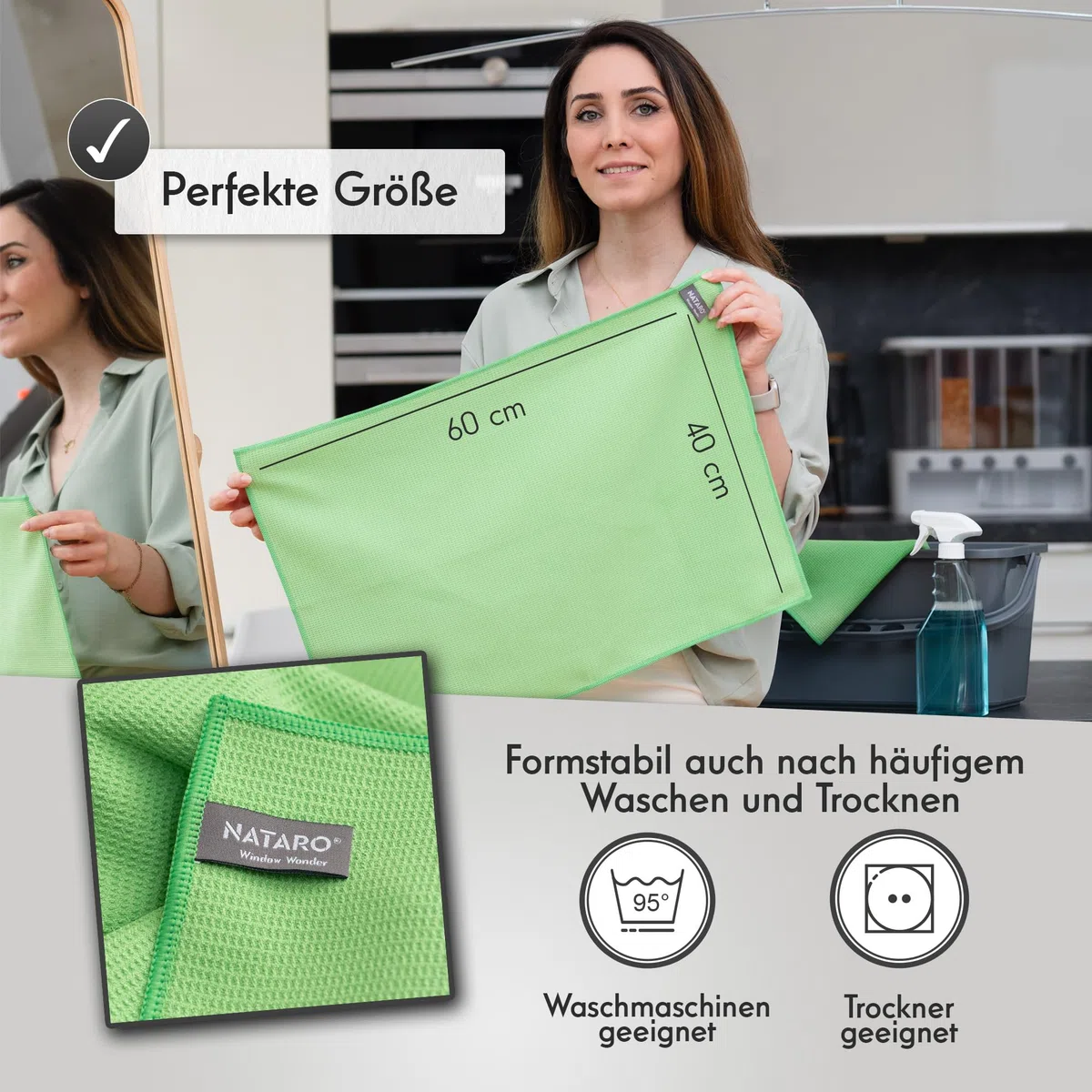 NATARO® 3 Stück Window Wonder – Premium Fenstertuch - Microfasertuch & Glastuch, streifenfrei, fusselfrei – Trockentuch für Glas, Spiegel, Scheiben – 60x40 cm