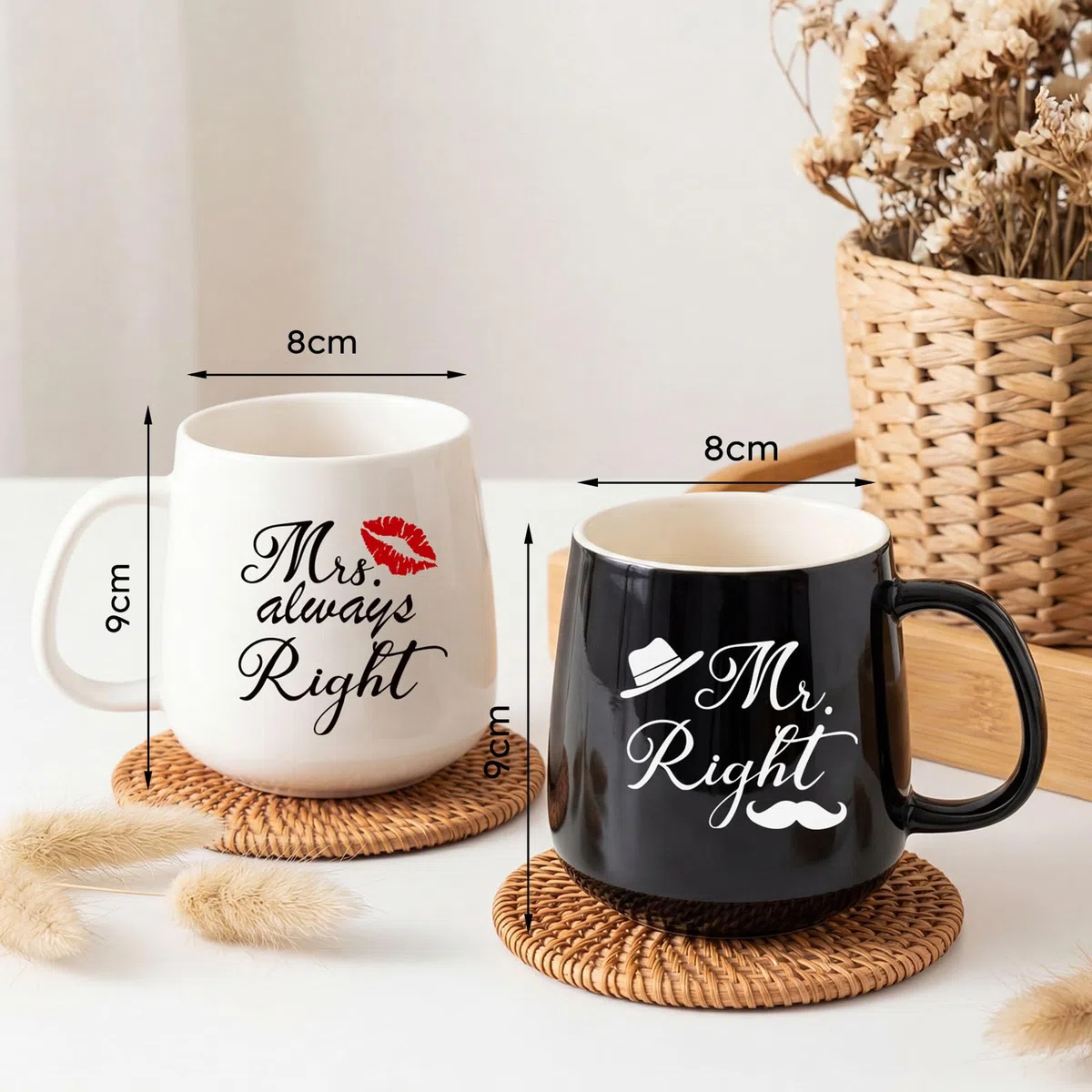 TUZELIYA Mr. Right & Mrs. Always Right Partnertassen Set – Hochzeitsgeschenk für Brautpaare, Frauen & Männer - Schwarz und Weiß Tassen Paar geschenke & Jahrestagsgeschenke für Ihn Sie