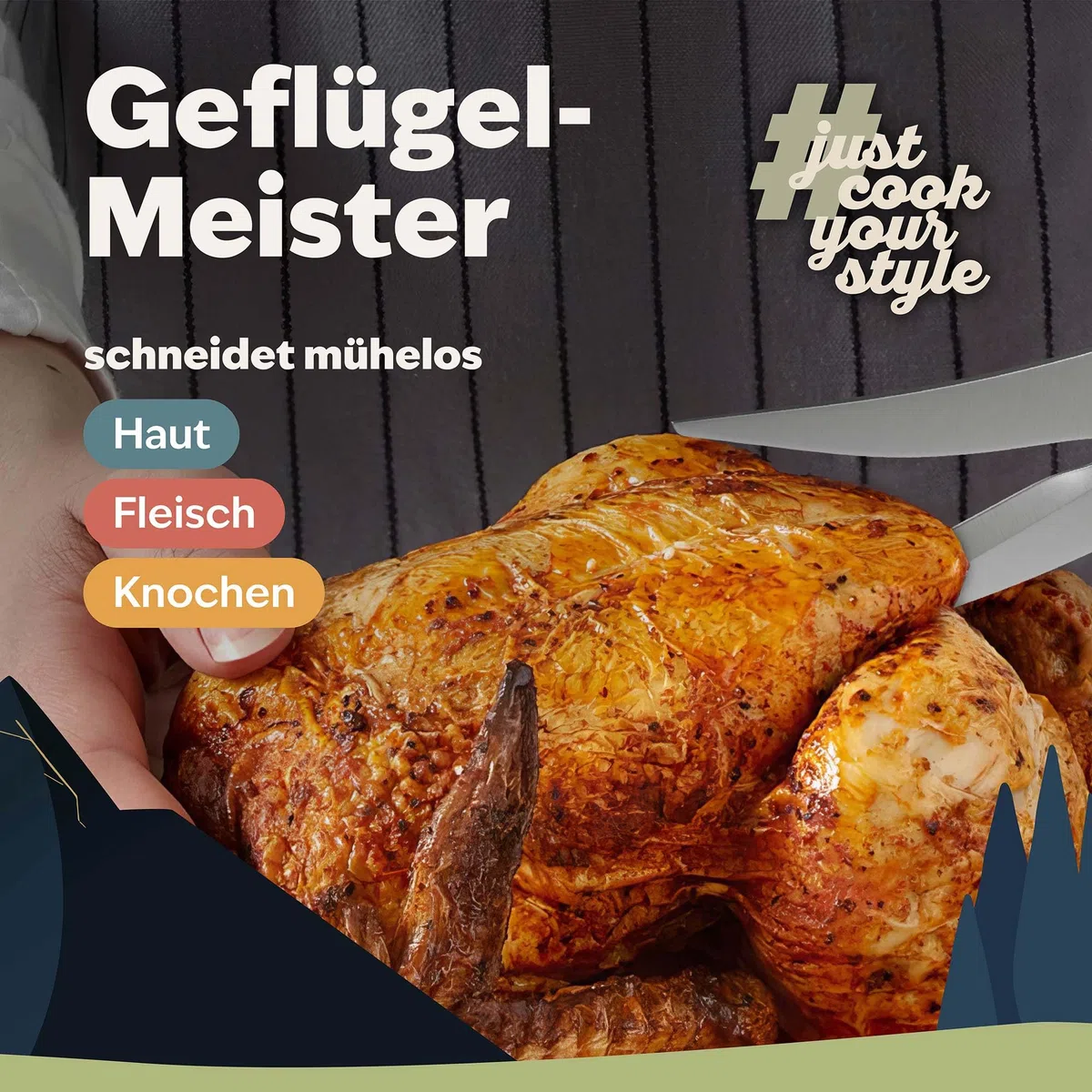 kjøk Geflügelschere Edelstahl mit Echtholzgriff – Tranchierschere für Hähnchen, Gans & Ente – durchtrennt Knochen, Sehnen & Gelenke – auch für Kräuter & Pizza – spülmaschinengeeignete Klingen