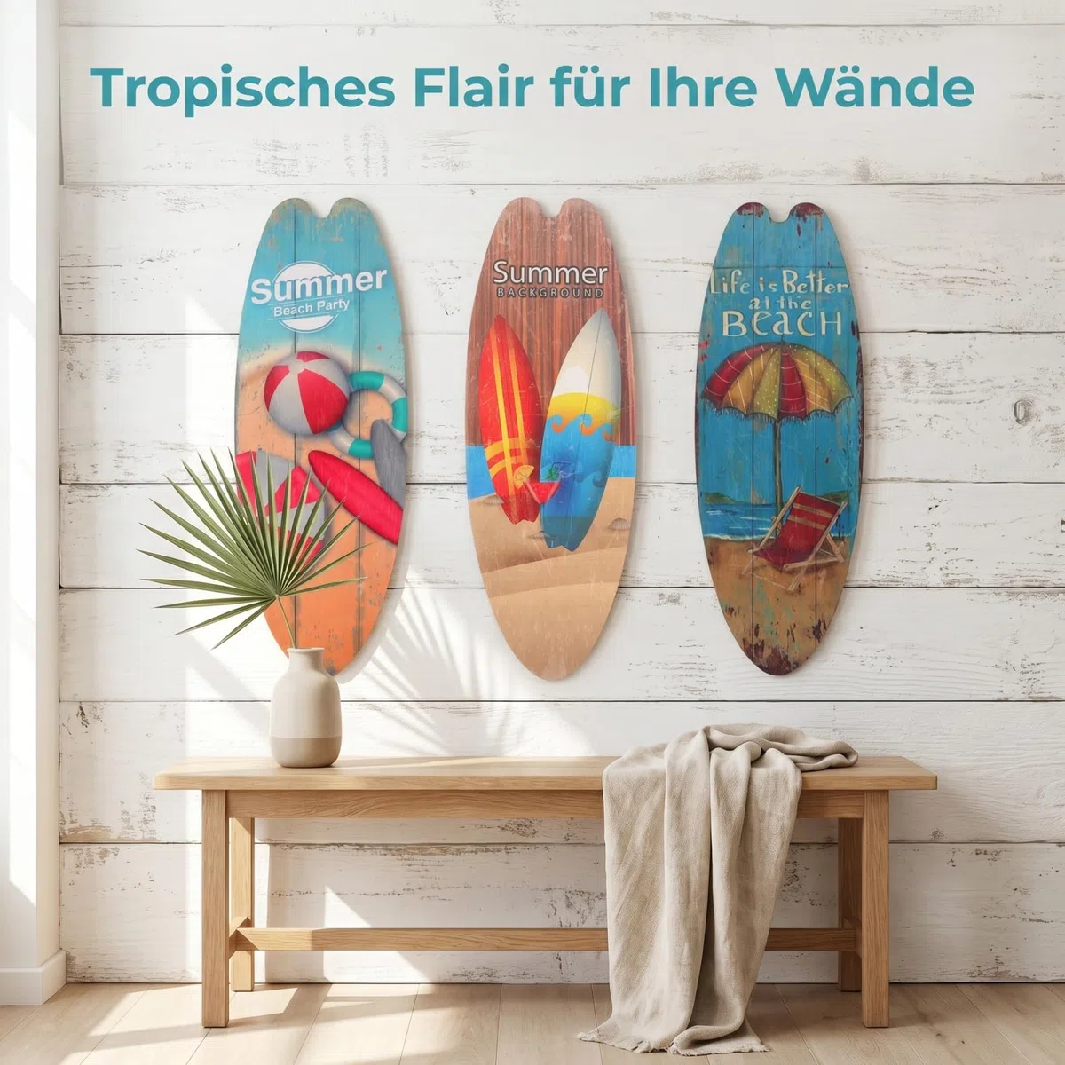 MUCKLILY 3 Stück teiliges Surfbrett Holzschild tropische Strand Wanddeko sommerliche Beach Party Deko für Innen und Außen kreative Surfboard Formen für tropisches Flair
