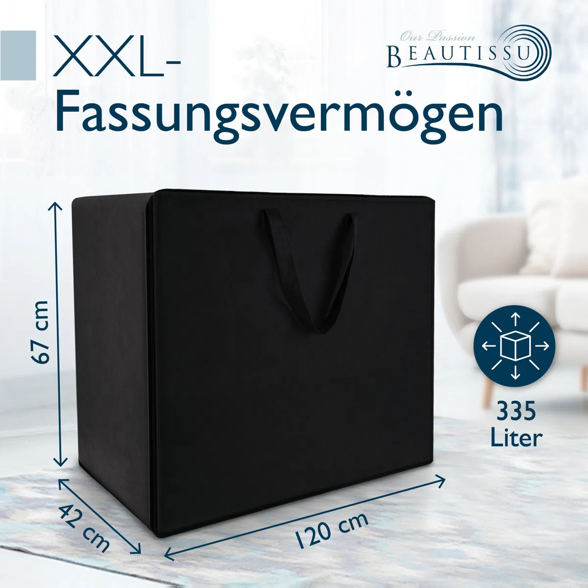 Beautissu Große Aufbewahrungstasche für Bettdecken, Kopfkissen, Klappmatratze 335 Liter – ‎67x120x42 cm – Bettzeug Aufbewahrungstasche Gartenauflagen Kleideraufbewahrung – Robust Tragetasche Schwarz