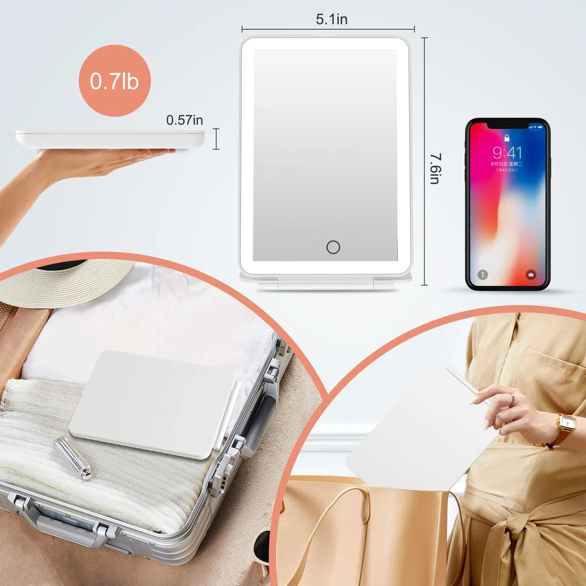 FUNTOUCH Kosmetikspiegel mit Beleuchtung, 2000mAh Wiederaufladbarer Tragbarer Ultraschlanker Reisespiegel mit Licht, 3 Farblichter Schminkspiegel, Faltbarer Makeup Spiegel für Zuhause Reise