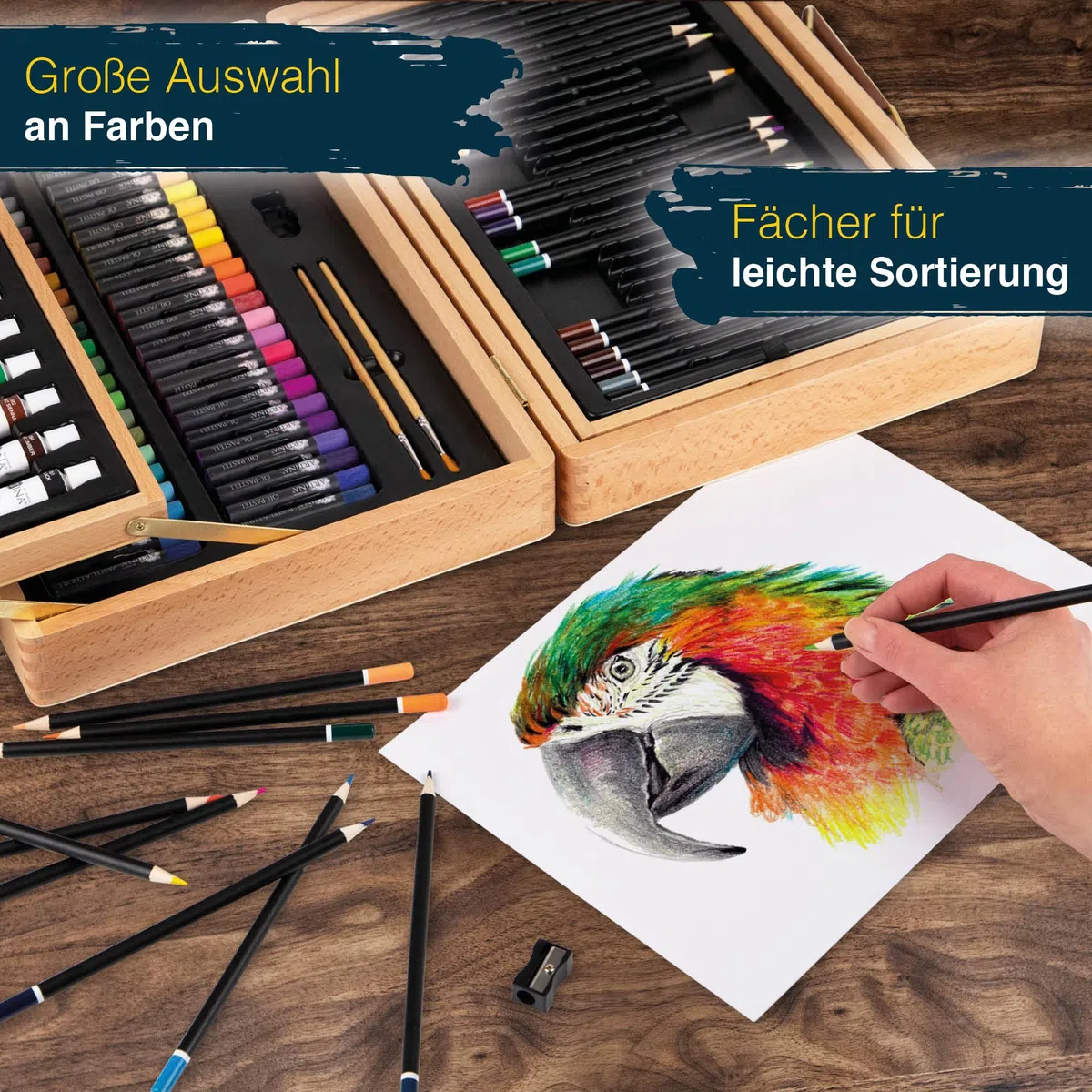 Artina 127tlg Malset Bologna XXL Künstler Set mit FSC Holz Malkoffer – Acrylfarben, Aquarellfarben, Buntstifte, Pastellstifte, Fineliner, Bleistifte - Großes Zeichenset mit Aufbewahrung für Anfänger