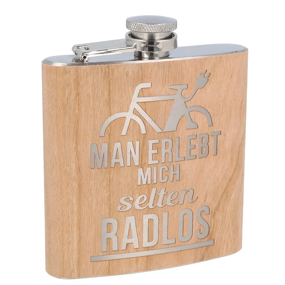 Spruchreif | Gravierter Edelstahl Flachmann | Holz Flachmann mit Gravur Fahrrad | Alkohol Flachmann | Outdoor Geschenk | Geschenk E-Bike | Geschenk für Radfahrer und Mountainbiker | E-Bike Geschenk