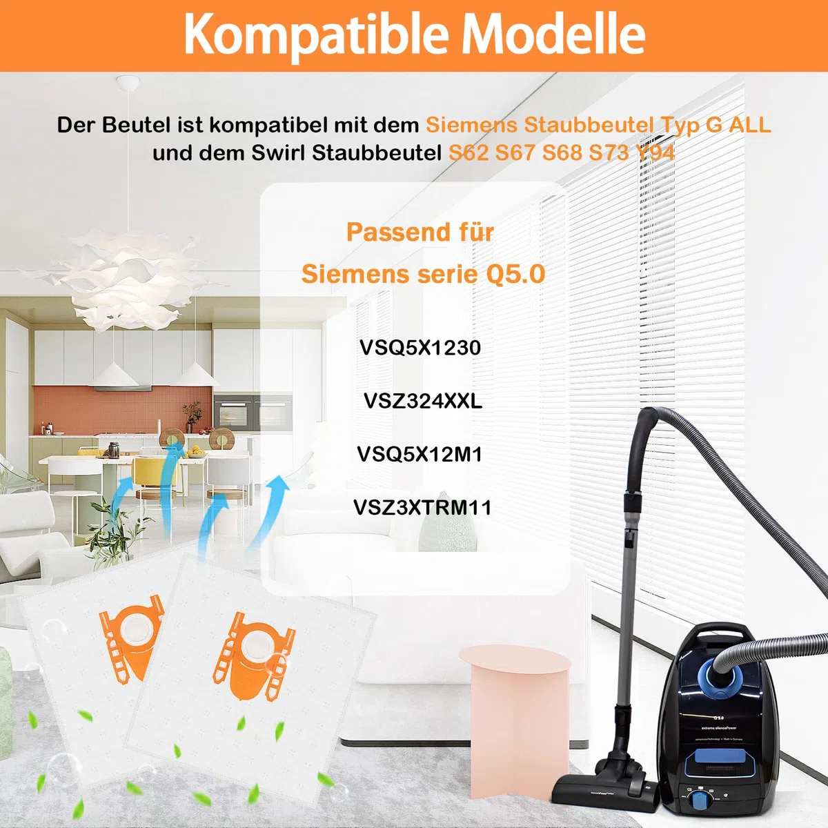 20 Staubsaugerbeutel für Siemens Q5.0 Serie VSQ5X1232 und VSZ3XTRM11 Extreme silencePower Staubsauger, Kompatibel mit Swirl S62, S67