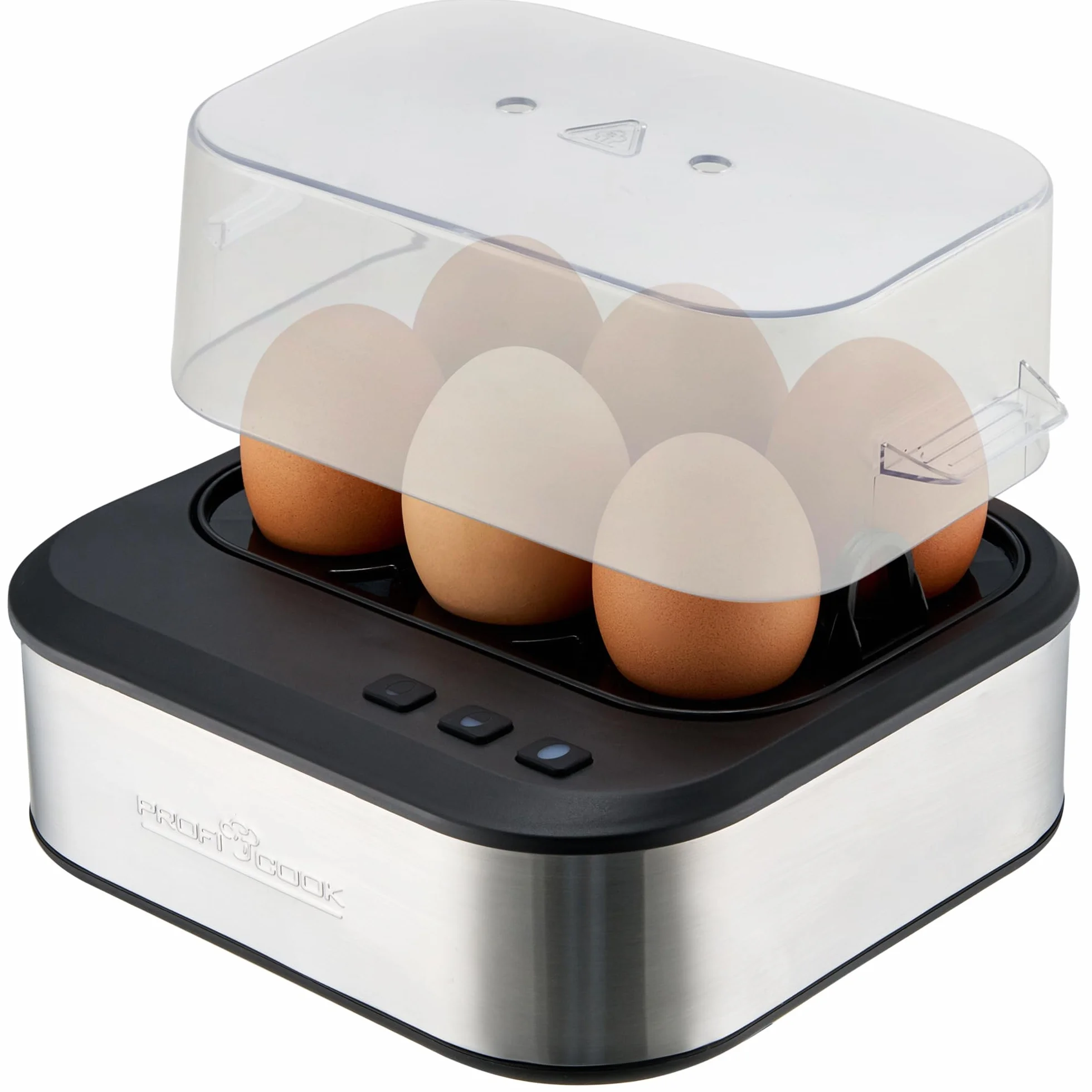 ProfiCook sprechender Eierkocher, kocht alle drei Stufen - weich/mittel/hart, 6 Eier, geeignet Ergebnis, Edelstahl Eierkocher mit Härtegradeinstellung, Egg Cooker, PC-EK 1276