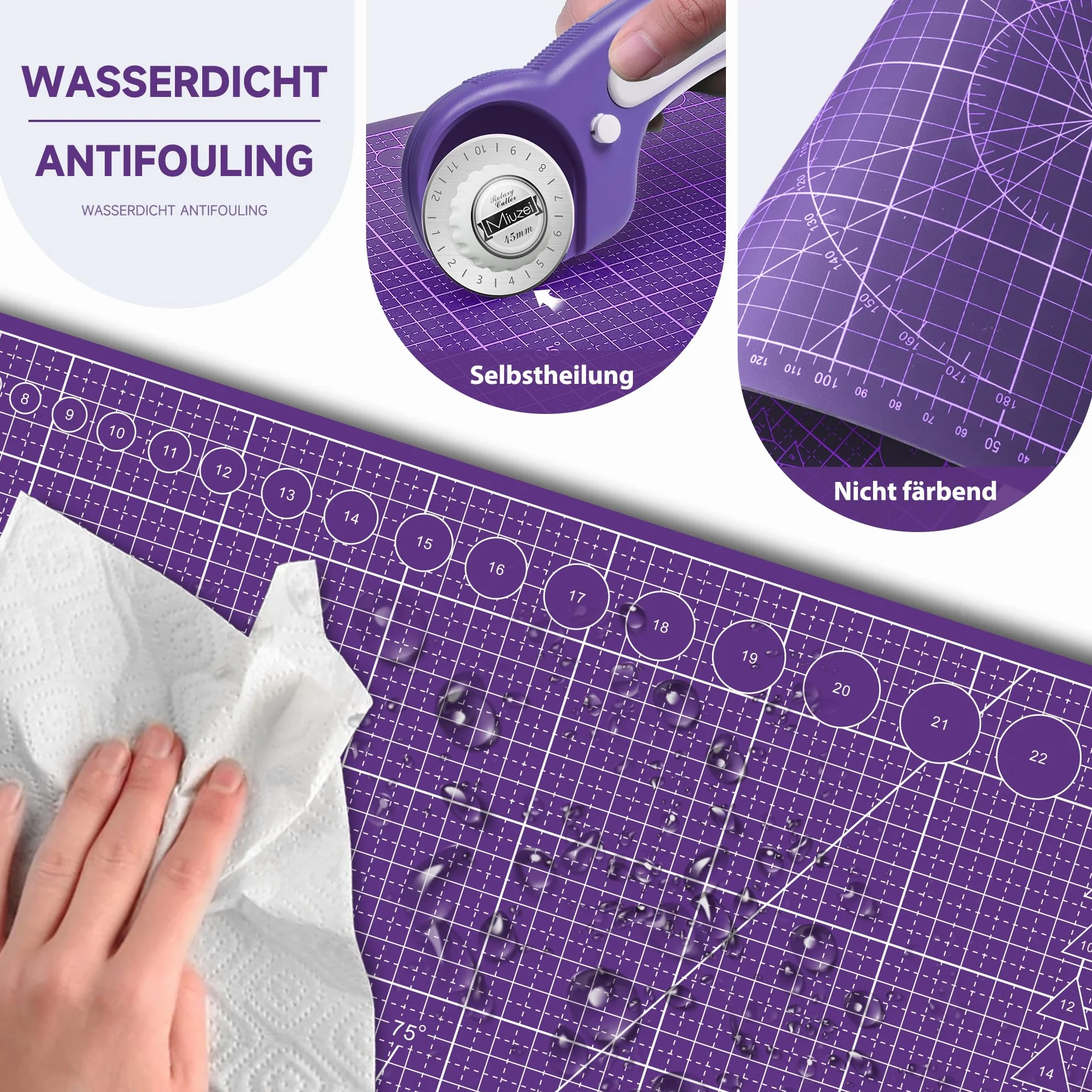 Miuzei A3 A2 Schneidematte mit Rollschneider und Ersatzklingen, Selbstheilende Handwerksunterlage Lila, Nähzubehör, Stoffschneider-Set, Cutting Mat,Schreibtischunterlage zum Basteln Schneiden,Malen