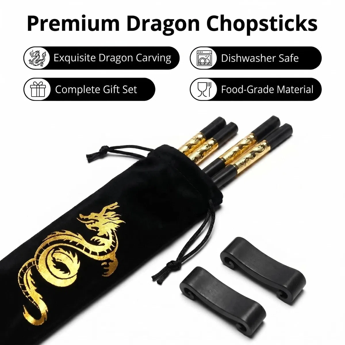 Youda Essstäbchen Wiederverwendbar – 2 Paar Drachen-Design mit Halter & Tragetasche, Premium Japanische & Chinesische Essstäbchen, Traditionelles Stilvolles Geschenkset für Erwachsene & Familie