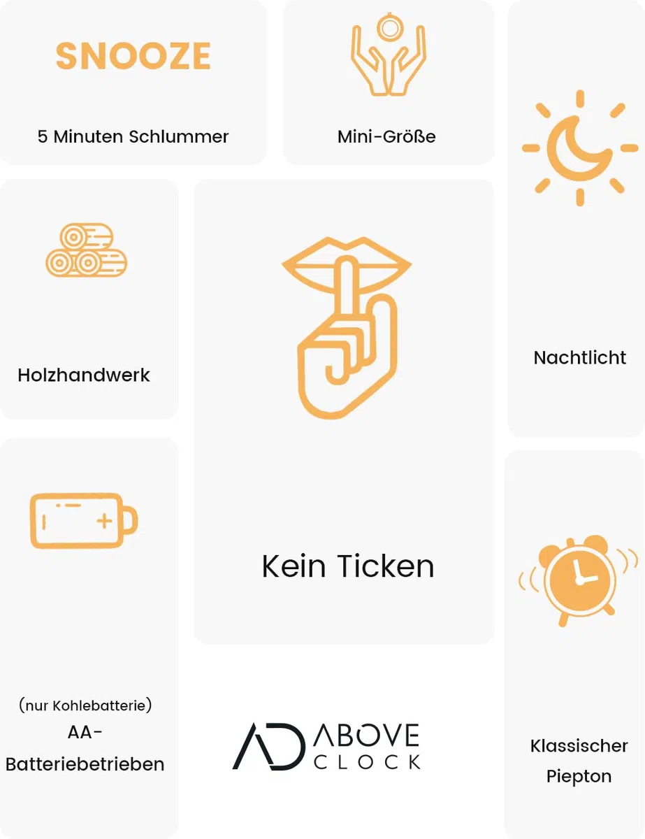 aboveClock Wecker Analog Ohne Ticken, Wecker Holz mit Snooze, Nachttisch Tischuhr mit Nachtlicht, reisewecker mit Batteriebetriebe (1*AA-Batterie benötig) - Naturholz in Hellbraun