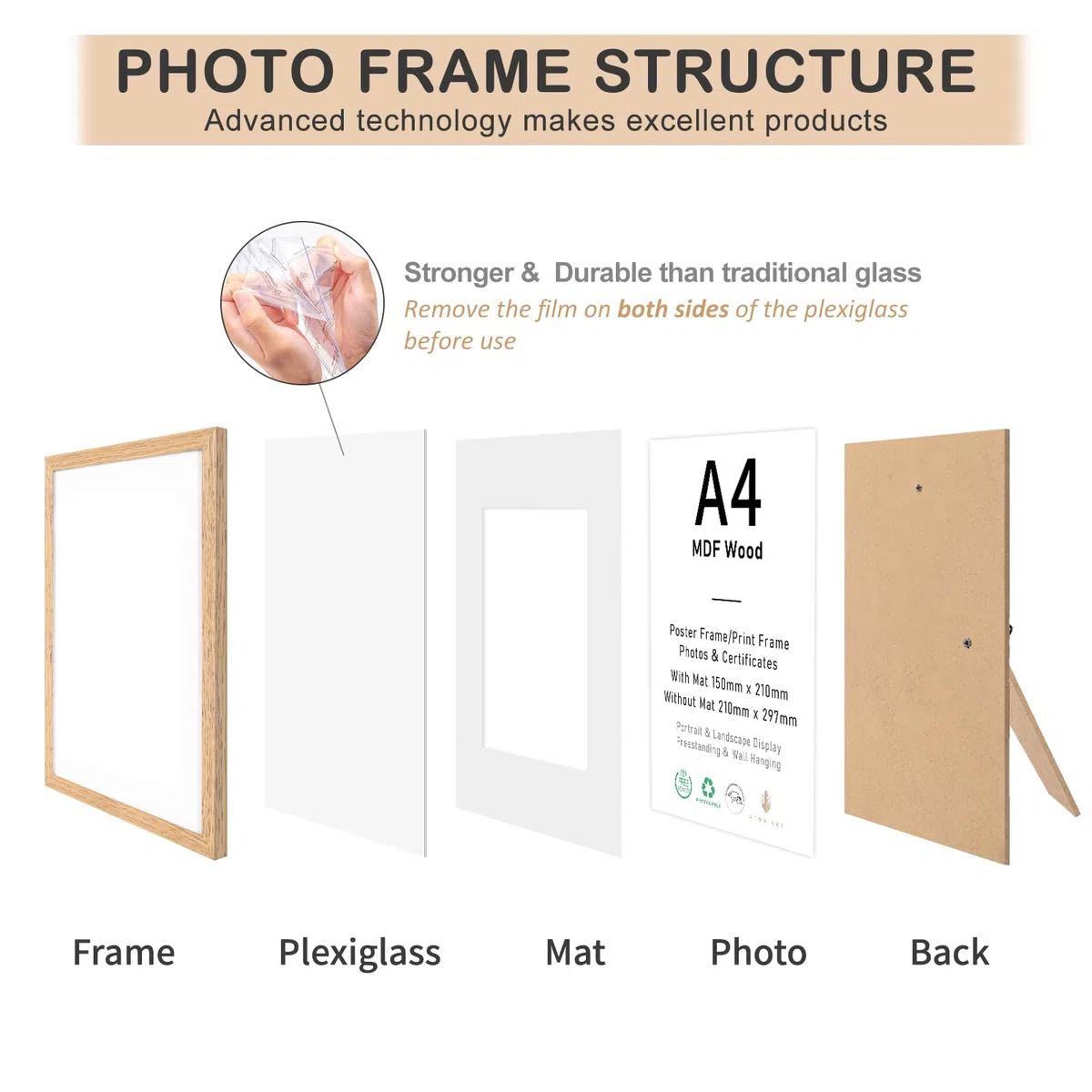 Bilderrahmen A4 MDF Holz Natur,3er Set 21x29.7cm Fotorahmen,DIN A4 Rahmen mit Acrylglas, Picture Frame 21x30 zum Aufhängen, 30x21 Holzrahmen mit Passepartout für A5 Dokumente,Zertifikate,Fotos,Poster