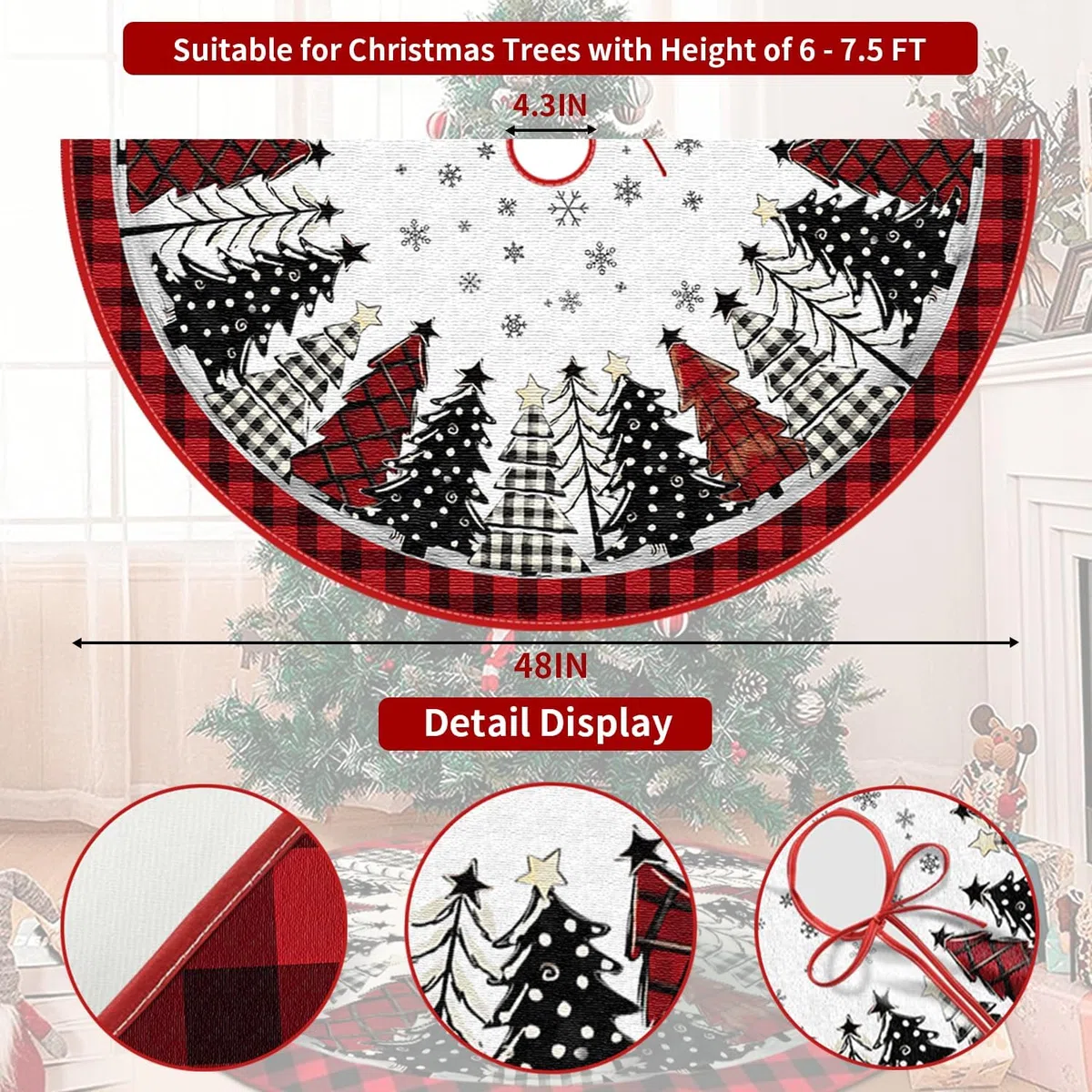 Weihnachtsbaum Decke Rund 122 cm, Rote & Schwarze Büffelkaro, Weihnachtsbaum Motiv, Baumdecke Weihnachtsbaum Teppich Rund für Weihnachtsbaumschmuck, Feiertagsfeiern