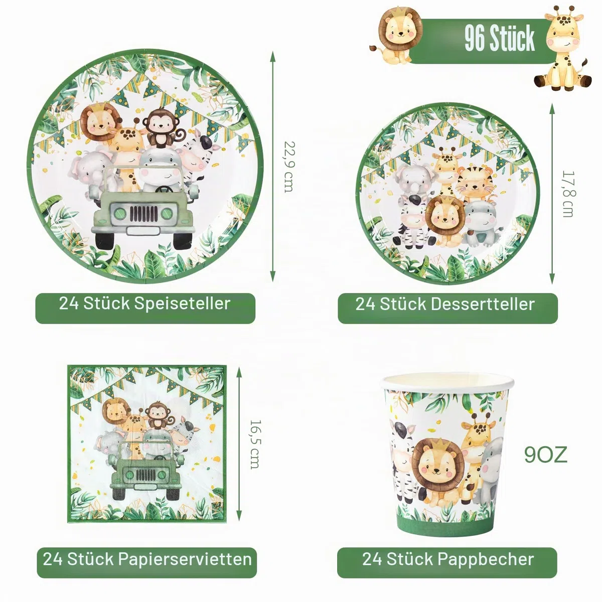 Dschungel Safari Partygeschirr Set, 96 Dschungel Safari Pappteller Kindergeburtstag, Grün Tiere Pappteller Servietten Becher, Party Animals Partygeschirr für Wild One Geburtstag Jugendweihe Junge