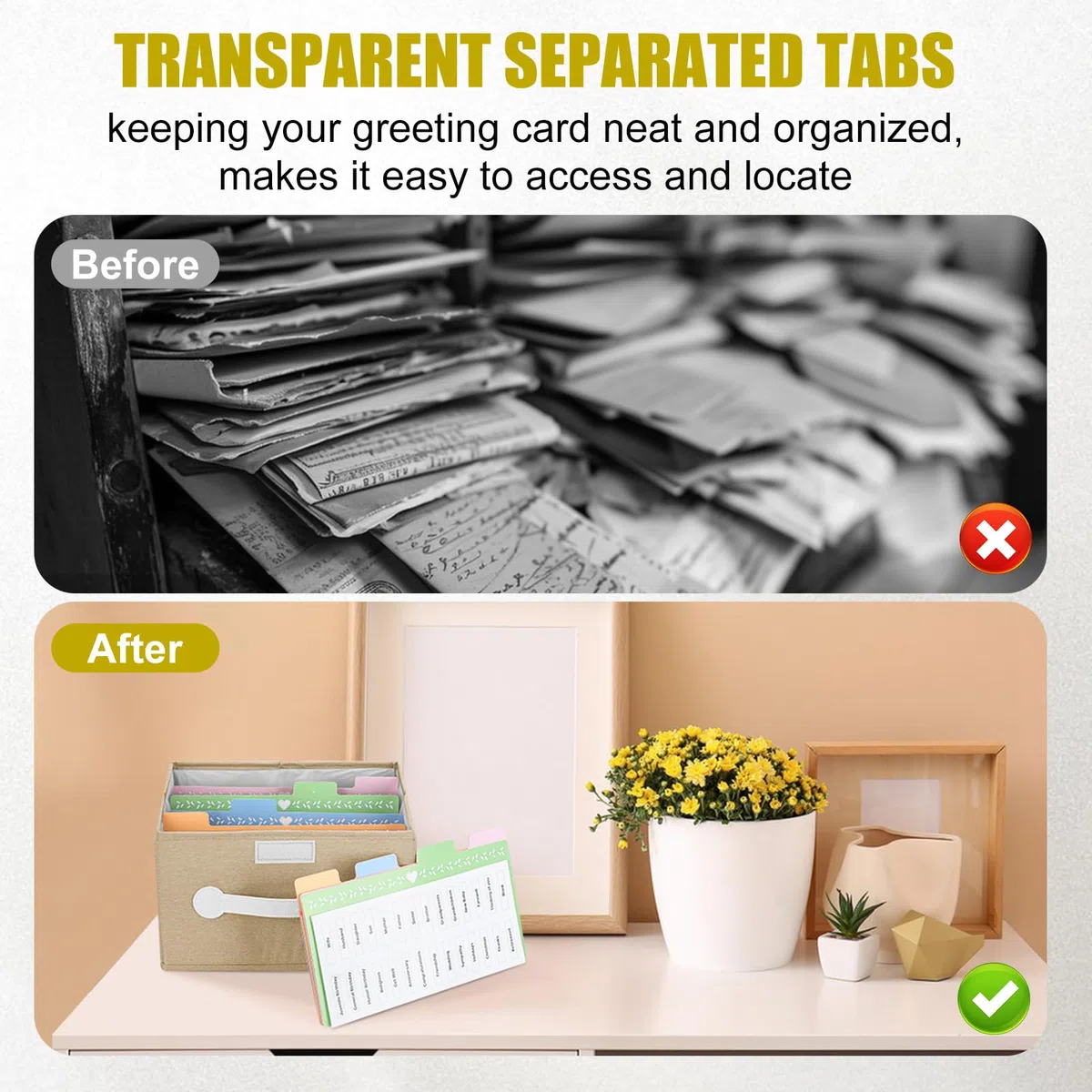 Grußkarten-Organizer-Box mit 16 Trennwänden, faltbare Aufbewahrungsbox, Halter mit Deckel, ideal für Karten, Rezepte, Fotos, Umschläge, Andenken (Beige, 84 Etiketten)