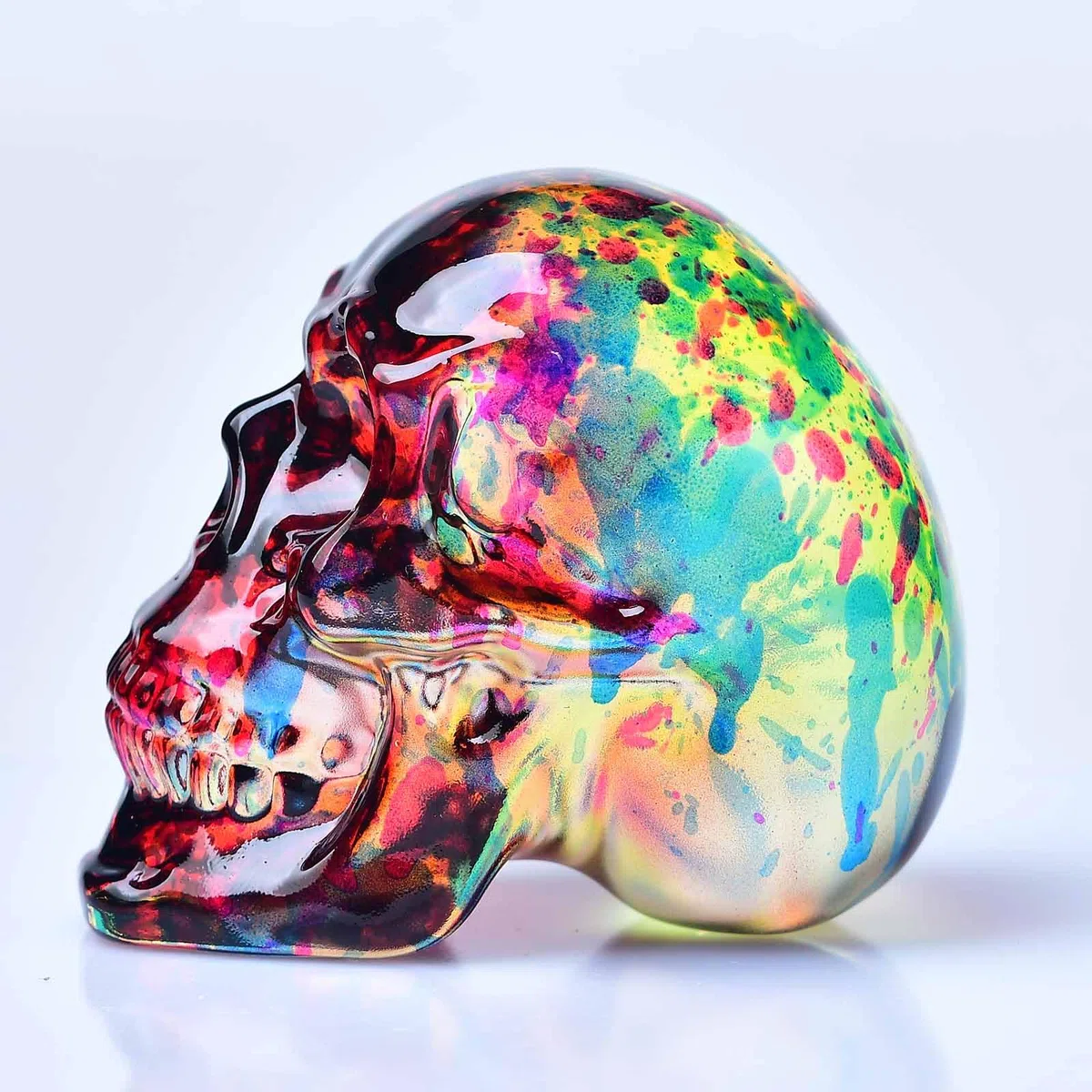 Kristall-Totenkopf-Statue – Glas-Totenkopf-Figur, Edelstein, Halloween-Dekoration, Geschenke für Frauen, Rot und Gelb, 7,1 cm