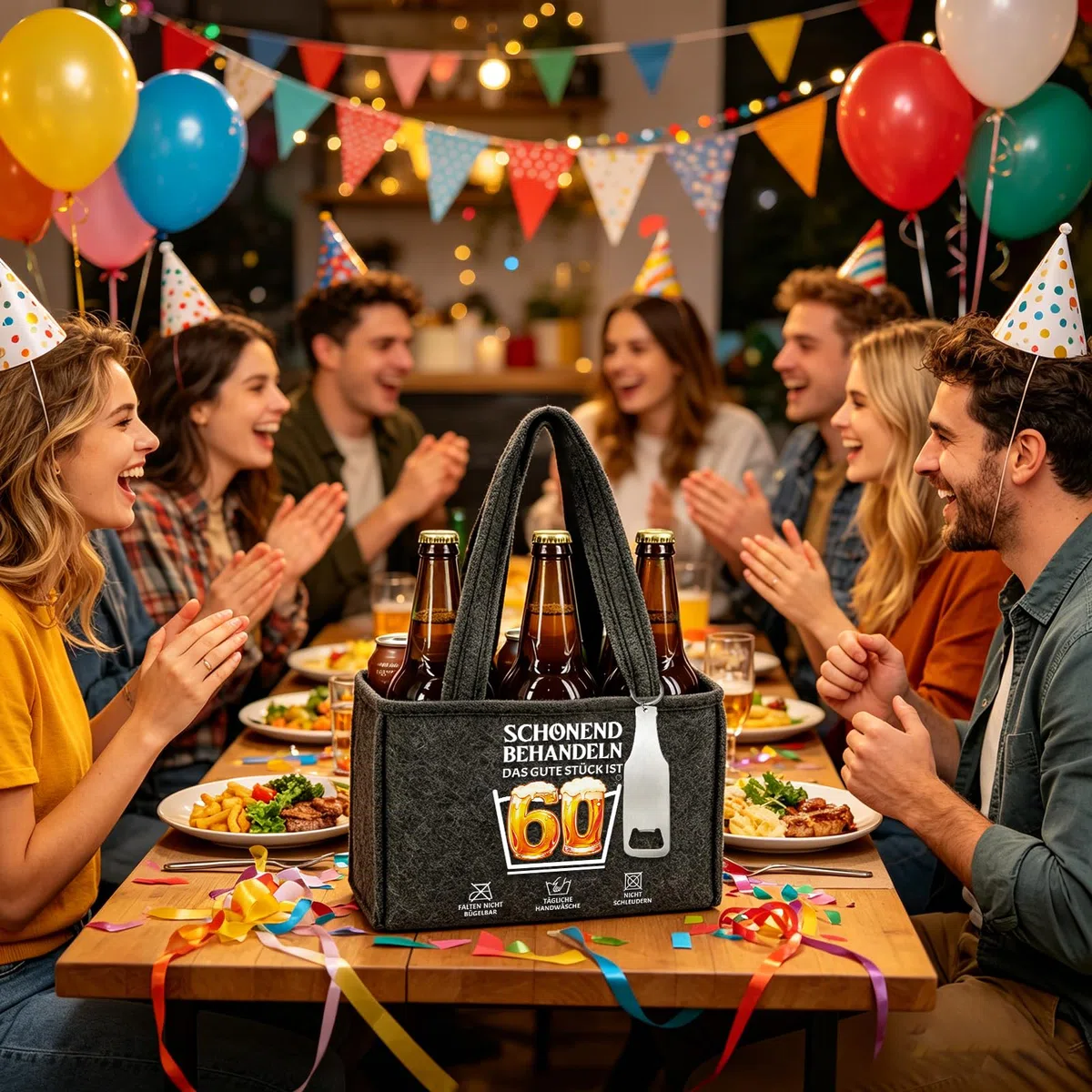 YSUVIN 60 Geburtstag Mann, Bier Handtasche Set Geburtstagsgeschenk für Männer, Filz Flaschentasche 6 Flaschen mit Flaschenöffner Socken Hut Grußkarten, Geschenk Mann für Kollege Freund Partner