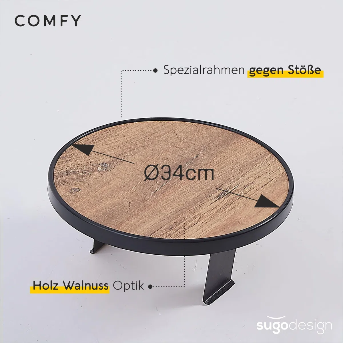 Sofatablett Armlehne, Couch-Tablett, Einstellbarer Sofa-Tablett, Getränkehalter, spezielles Design stoßfeste Umrandung, Sitzgarnitur Ablage, Durchmesser ⌀ 34 cm, Holz-Optik, Comfy