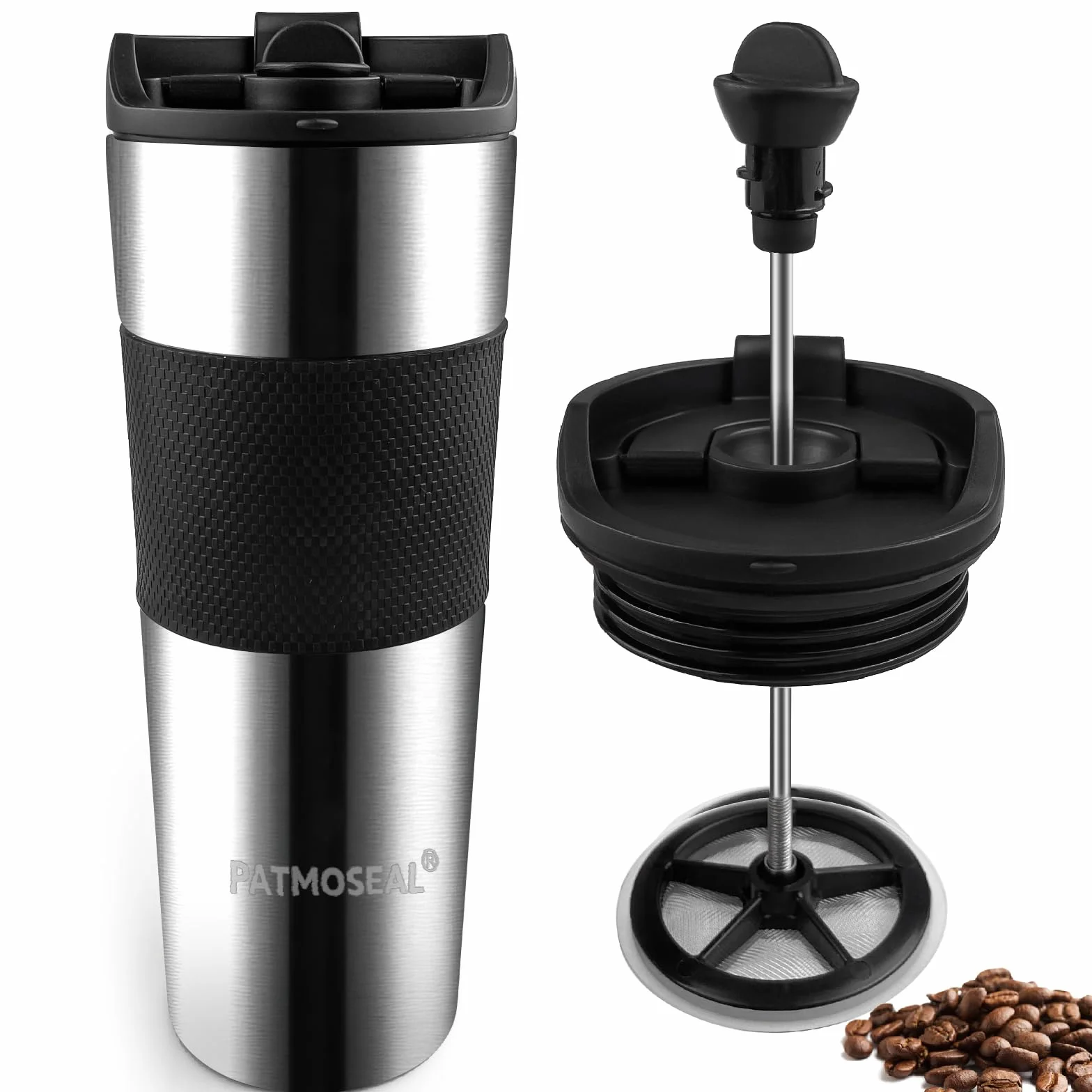 French Press Thermobecher 450 ml – Isolierter Reisebecher mit Edelstahlfilter, auslaufsicher, doppelwandig – Kaffeebereiter To Go für Büro, Pendeln, Reisen & Camping