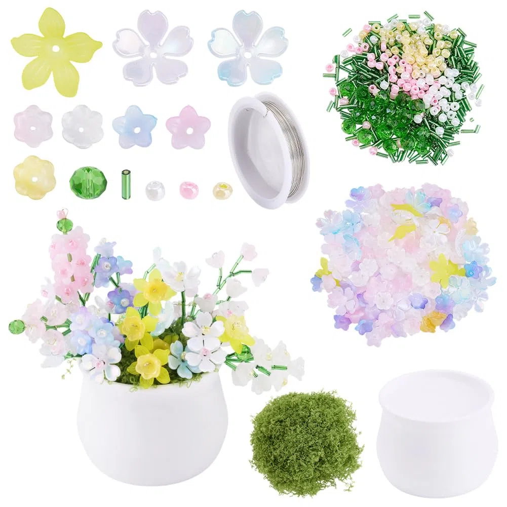 1 Box 653Pcs nperlen-Pflanzensatz Glas für Immer Glasperlen für Pflanzen Naturfarbige Acryl-nperlen-Kappen Anhänger mit künstlichem Moosdraht für Pflanzenherstellung Schmuck DIY-Handwerk