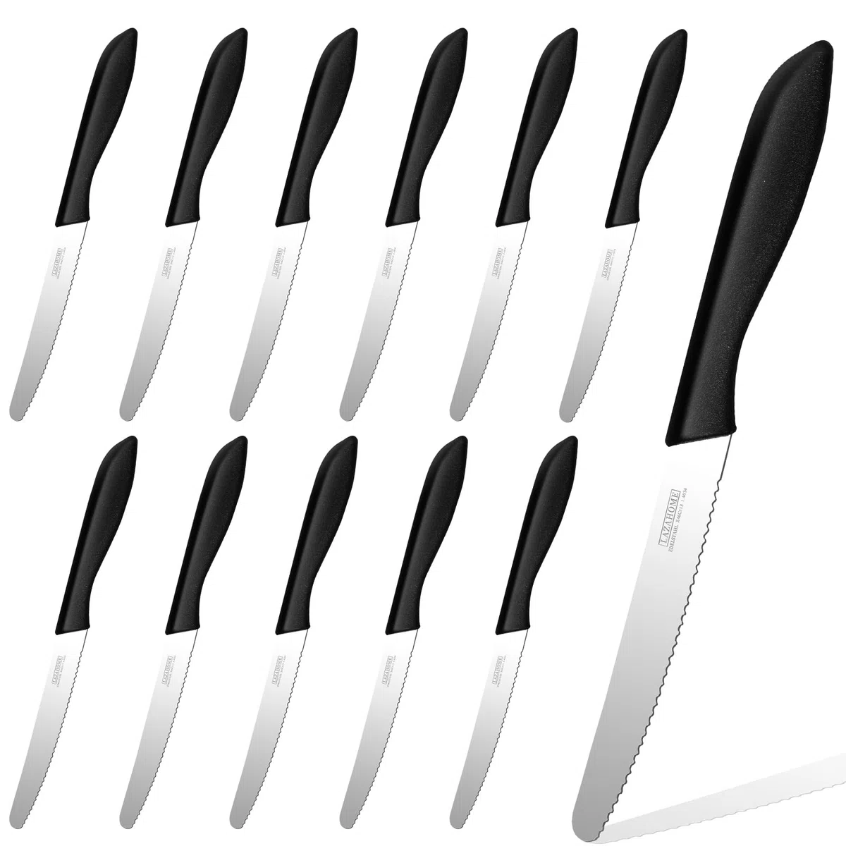 Tafelmesser mit Wellenschliff Set 12-teilig，Professionelles Tafelmesser aus Scharf Edelstahl，Komfortabler Griff，Für Brot, Tomaten, Obst & Pizza, Leicht Zu Reinigen, Schwarz