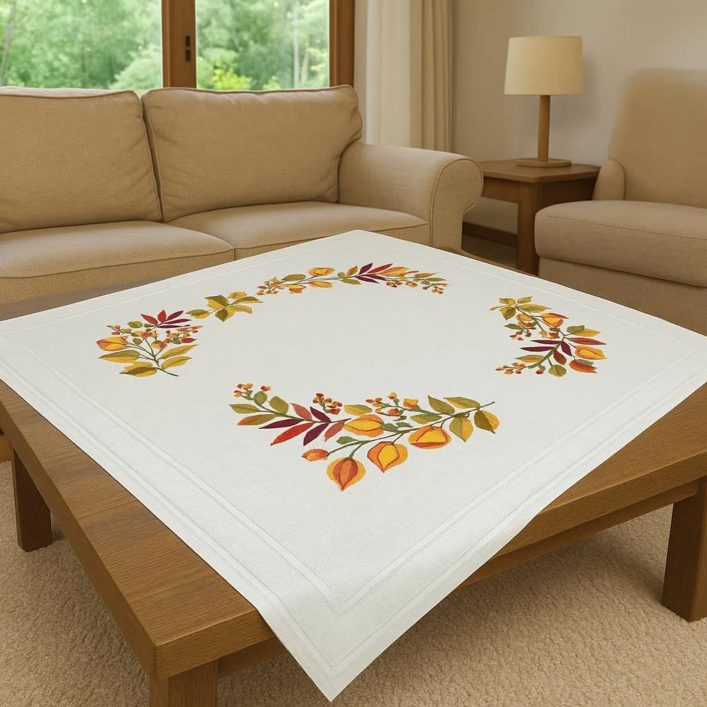 KAMACA Stickpackung Tischdecke Herbst Spannstich Set vorgedruckte Stickdecke inkl. Stickgarn Stickvorlage und Anleitung Stickset zum Selbersticken für Erwachsene (Blätter und Beeren MD 80x80 cm)