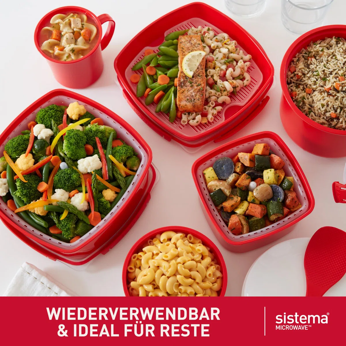 Sistema Microwave Reiskocher | 2,6 l | Spülmaschinenfester kleiner Reiskocher | BPA-frei | Rot