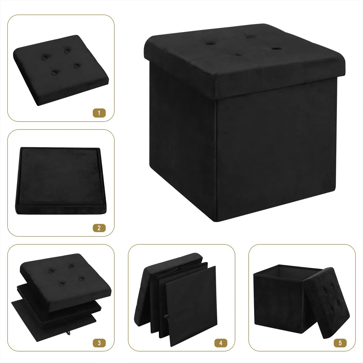 WOLTU 2er Set Faltbarer Sitzhocker, Sitzwürfel mit Stauraum Sitzbank Truhen Aufbewahrungsbox, Deckel Abnehmbar, Gepolsterte Sitzfläche aus Samt, 37,5x37,5x38CM(LxBxH), Schwarz