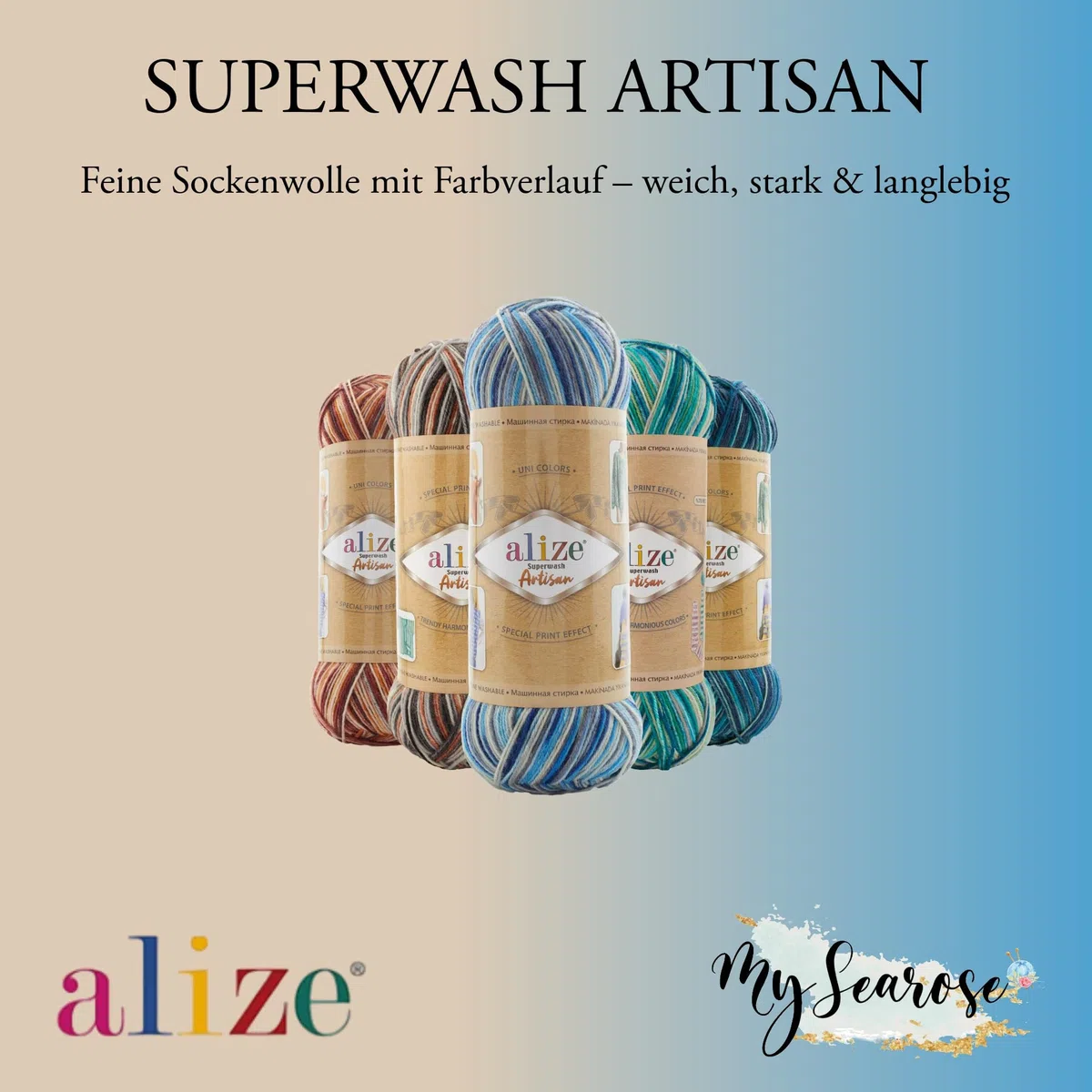 ALIZE Superwash Artisan 9012 Premium Wolle 3 x 100g strapazierfähige Sockenwolle mit Farbspiel für kreative Strickideen mit mySearose Label