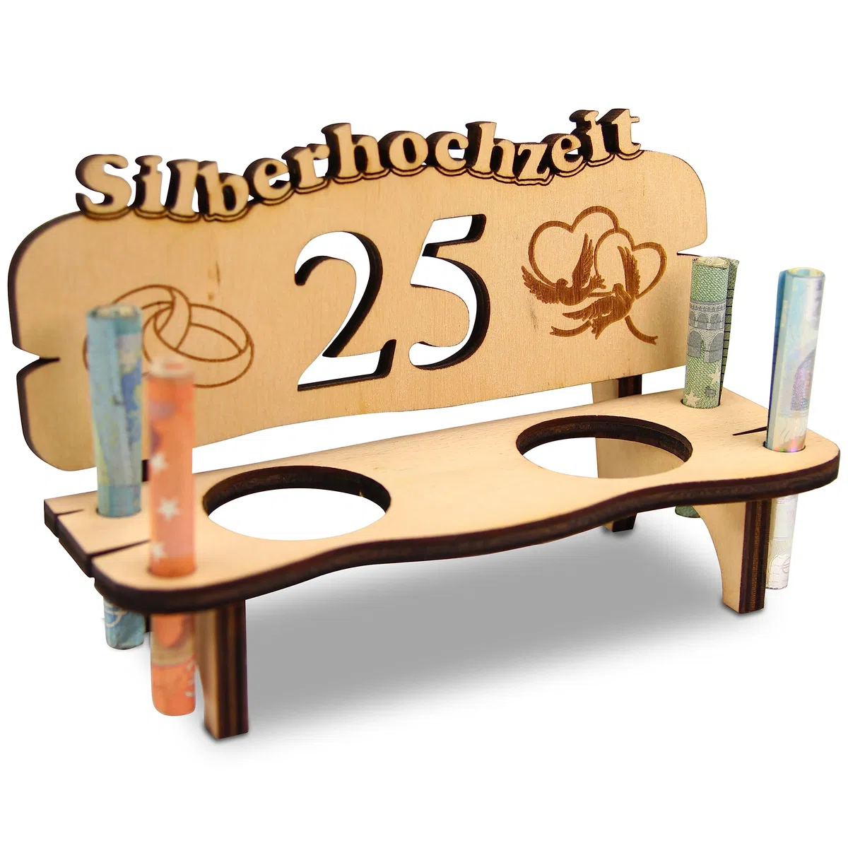 Urhome Hochzeit Schnapsbank aus Holz und 2 Schnapsgläser - 25. Hochzeitstag zur Silberhochzeit - Hochzeitsbank mit Gläser zum Jubiläum Jahrestag - Hochzeitsgeschenk für Brautpaar