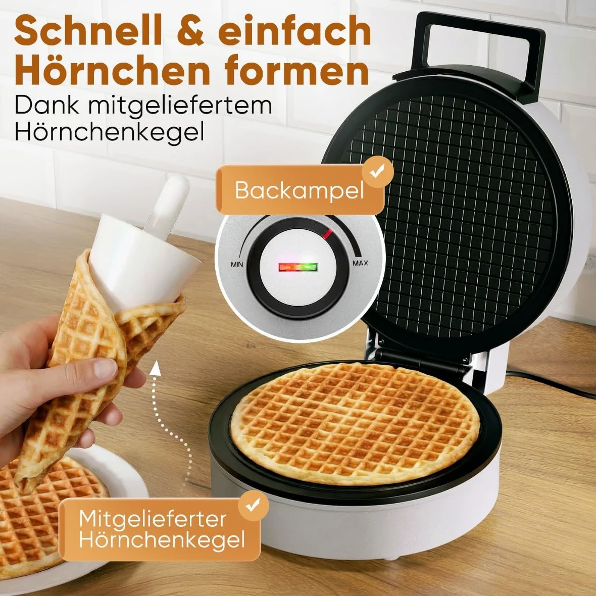 Clatronic® Hörncheneisen | Antihaftbeschichtung | inkl. Hörnchenkegel | stufenloser Regler für Bräunung nach Wunsch | Hörnchenautomat | 1200W | große Backfläche | Eiswaffeleisen | HA 3833