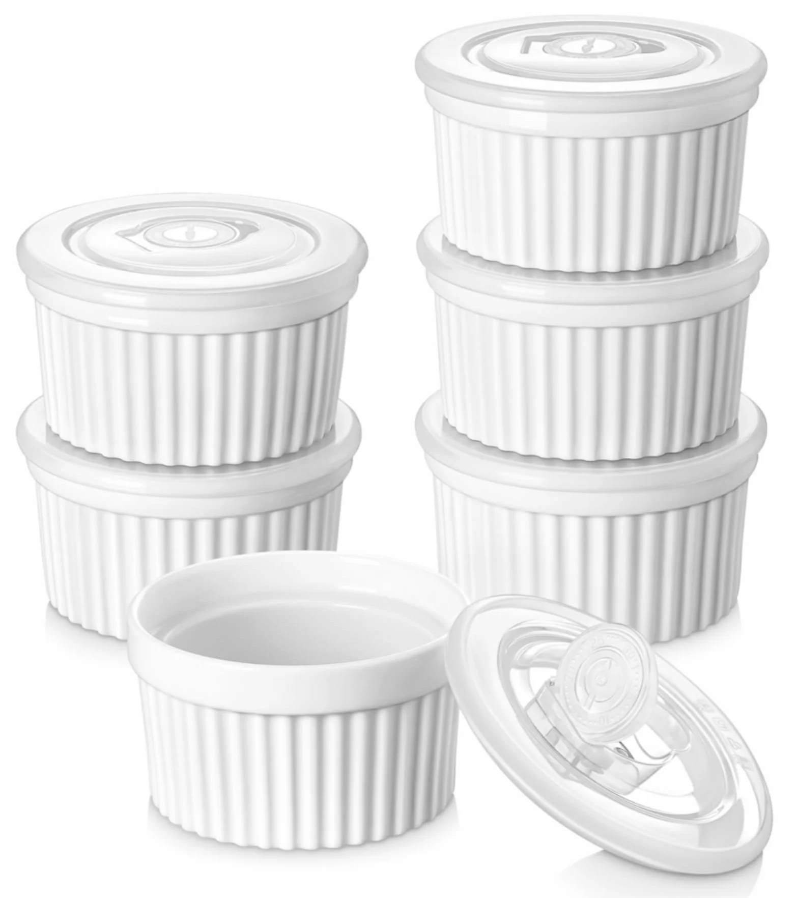 vancasso RAMEKINS 200ml Soufflé Förmchen Set von 6, Ø9,5cm Creme Brulee Schälchen Backofen sicher, Porzellan Soufflés mit Deckel, Kleine Keramik-Schalen, Mini Auflaufformen zum Backen, Weiß