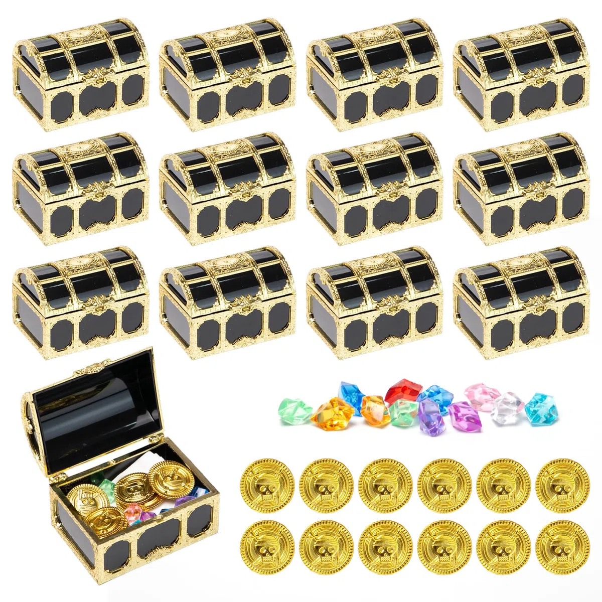 Klein Piraten Schatztruhe Set 12 Stück Mini Schatzkiste,12 Edelsteine für Kinder und 12 Goldmünzen Plastik für Süßigkeiten Spielzeug für Piraten Deko Schatztruhe Kindergeburtstag Piratenparty