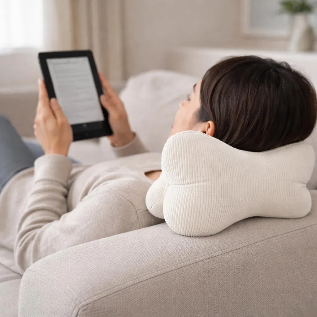 Leseknochen, Lesekissen, Nackenrolle Nackenkissen aus Cord,Stützkissen, Reisekissen mit Struktur,Formkissen,Buchauflage, Flexible Stütze für Bücher, E-Books oder Tablets-18x35cm (Offwhite Cord)
