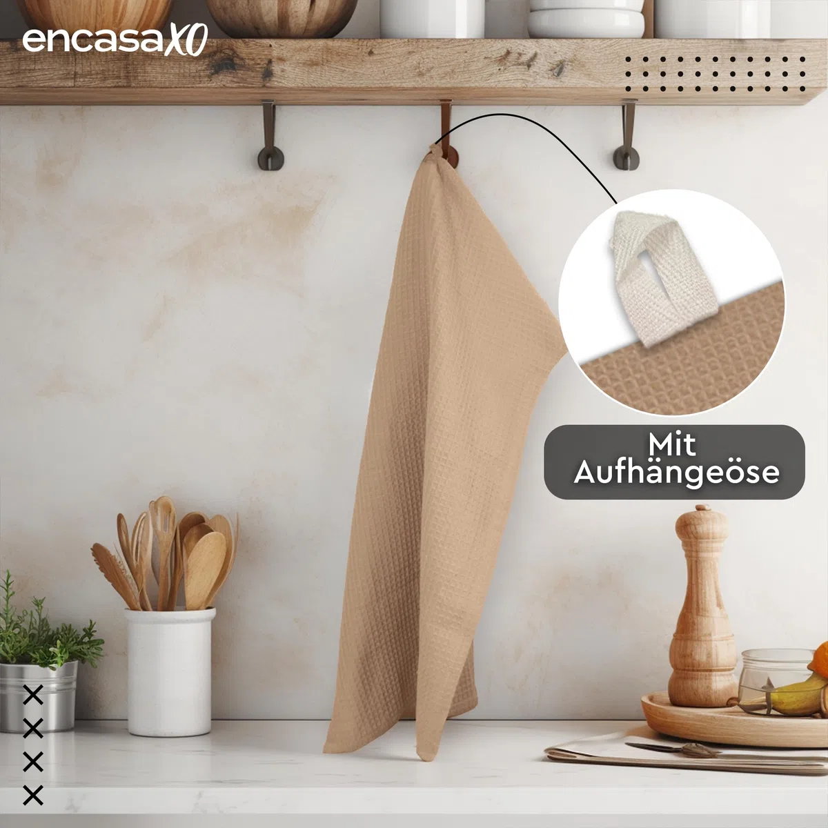Encasa XO Küchenhandtücher und Waschlappen aus Baumwolle | Beige | Waffel und Flachgewebe-Geschirrtuch | Geschirrtuch-Set | 70x45 cm, Wiederverwendbar und schnell trocknend 4er-Set
