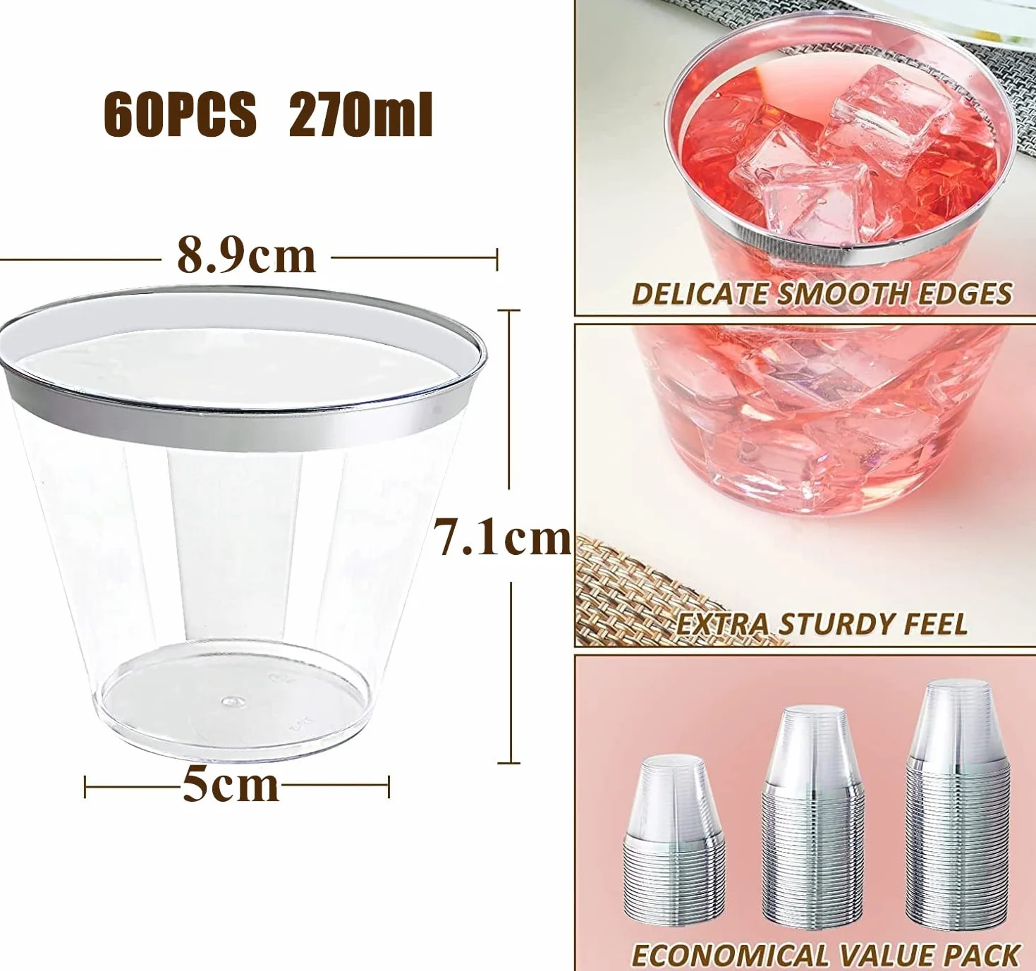 LATERN 60 Stück Plastikbecher mit Silberrand, 270ml Becher aus Kunststoff Wiederverwendbare Trinkbecher Elegante Party Weingläser für Champagner Bier Cocktail Martini Soda Dessert (8,9 x 7,1cm)