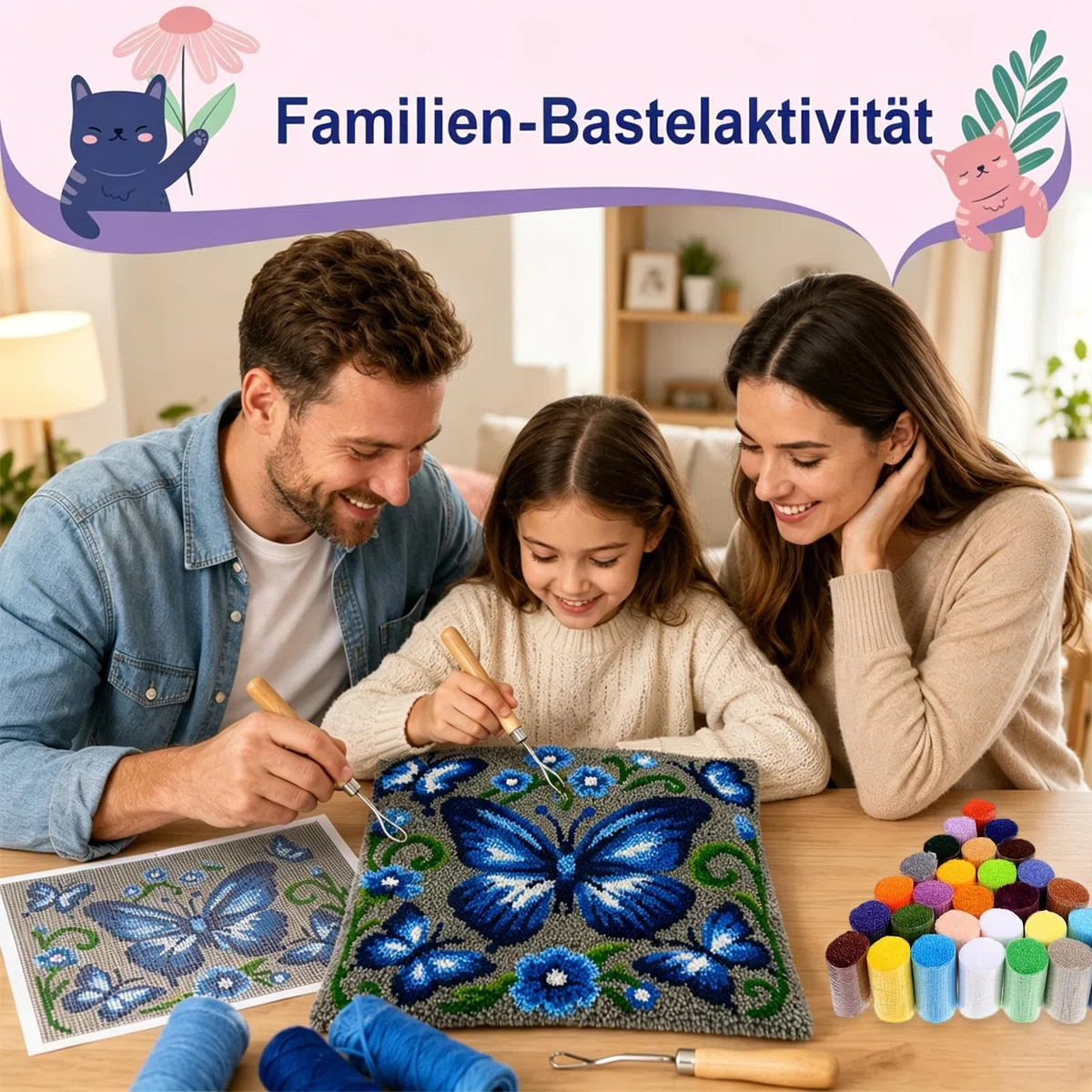 Komergave Knüpfkissen Set 45x45cm, Knüpfkissen mit Schmetterling Motiv, Knüpfteppich zum Selber Knüpfen für Erwachsene, DIY Gehäkelter Kissenbezug für Wohndekoration