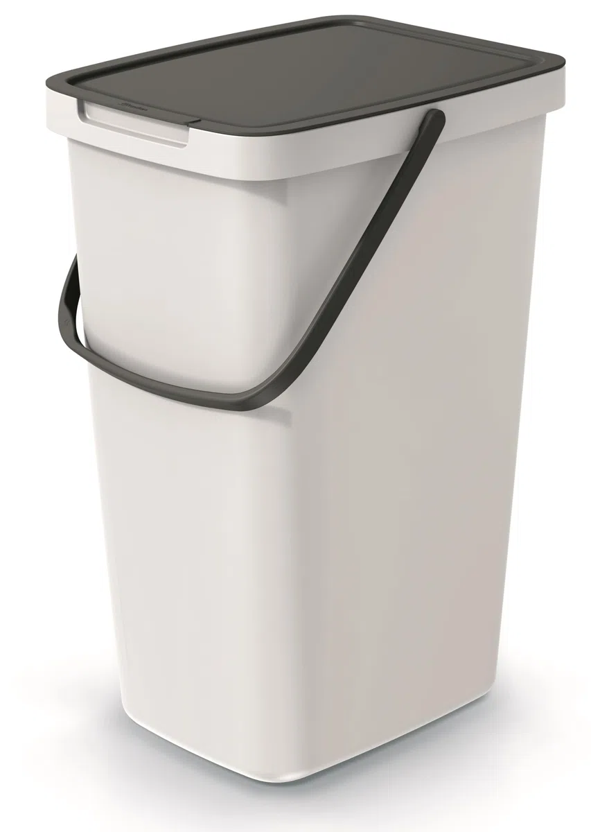 BirnePower Mülleimer 20L Aschgrau – Abfalleimer mit Klappdeckel & Griff, Stapelbares Mülltrennsystem für Küche & Büro, Wandmontage möglich, Kunststoff Müllbehälter Schmal