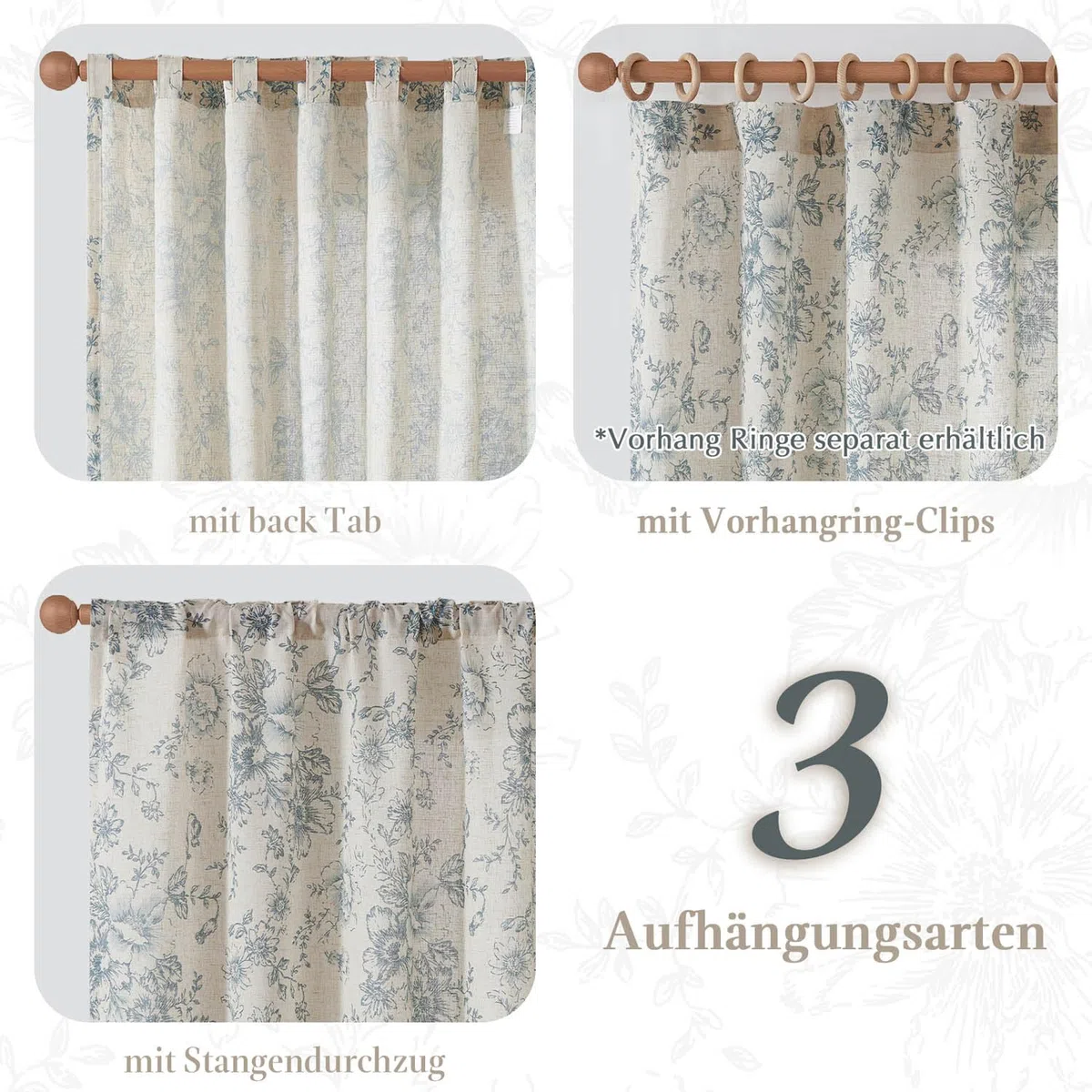 TOPICK Leinen Gardinen Floral Vorhänge mit verdeckten Schlaufen Lichtdurchlässig Bauernhaus Lang Gardinen Fensterschal für Wohnzimmer Schlafzimmer Fenster,2er Set 140 B x 175 H (cm),Blau auf Beige