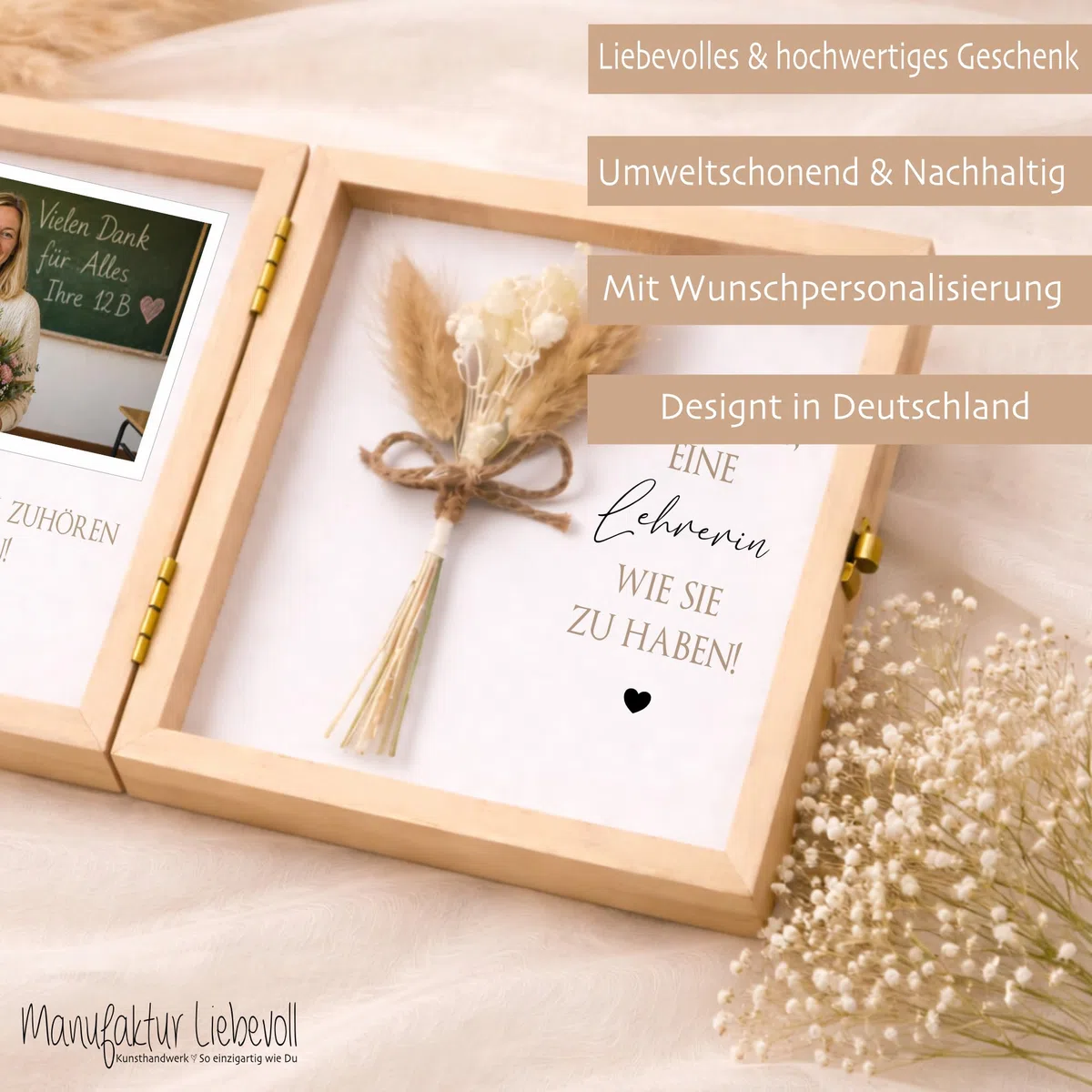 Personalisierte Geschenkbox Holz „Weltbeste Lehrerin“ mit Namen – Abschiedsgeschenk Schule & Fotogeschenk mit Spruch & Blume – Danke Geschenk Lehrerin (Glück ist, eine Lehrerin wie Sie zu haben!)