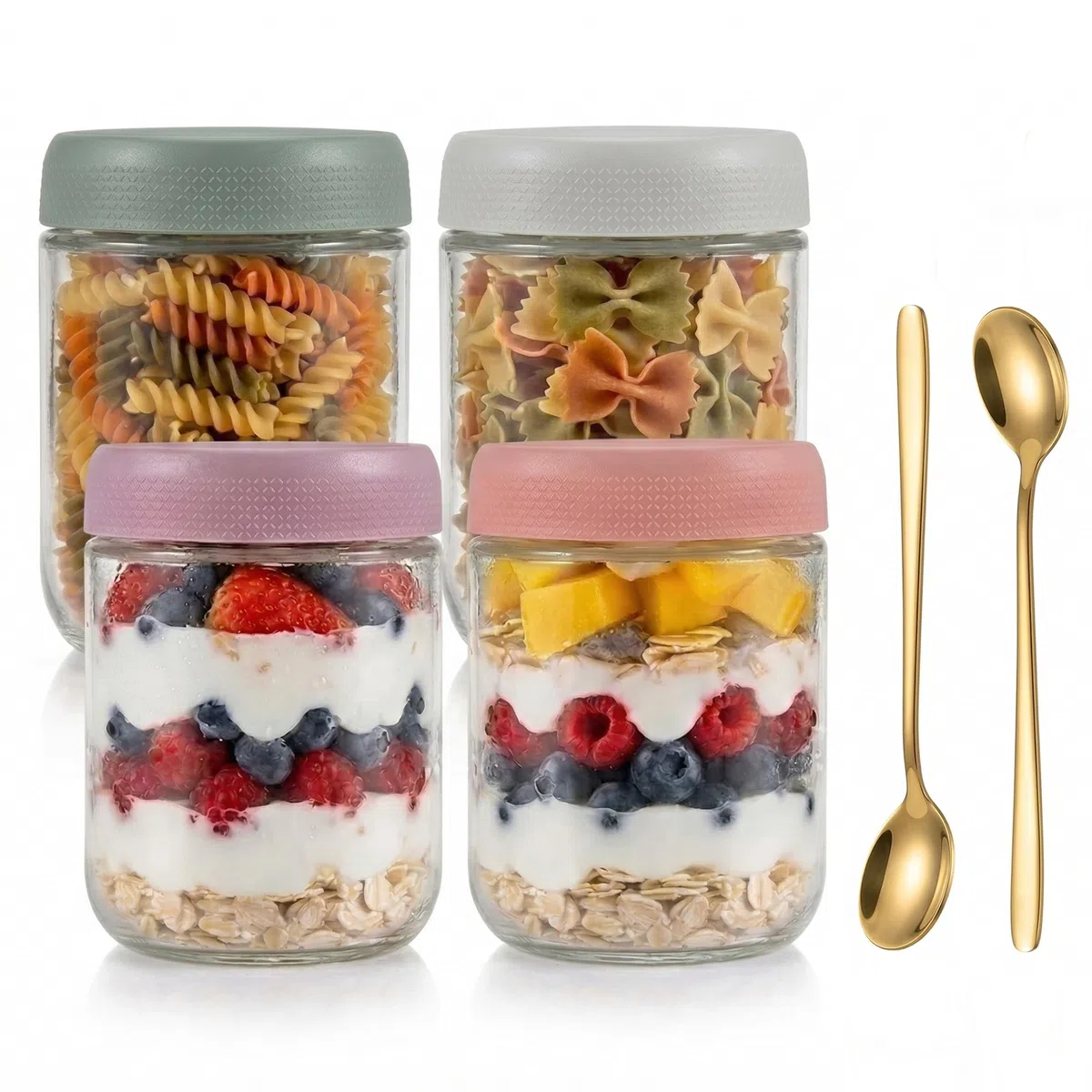 4 Stück Overnight Oats Gläser 500ml mit Deckel, Joghurtbecher To Go aus Glas, Meal Prep Vorratsgläser für Müsli Marmelade und Pudding, Inklusive 2 Löffel, 4 Farben