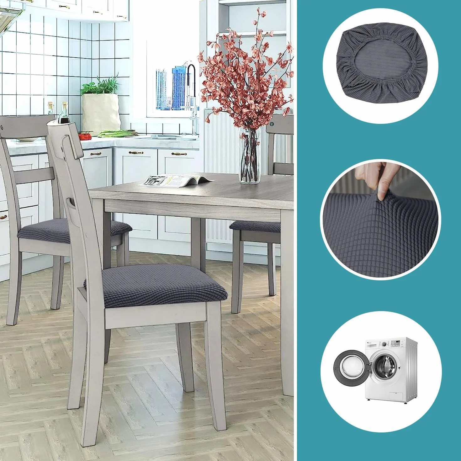 Granbest Stilvolle wasserdichte Esszimmerstuhl Sitzbezüge Set von 4, High Stretch Esszimmerstuhl Sitzkissen Schutzbezüge Waschbarer Sitzschutz für Bankett, Küche, Party, Hotel (4er Set, Grau)