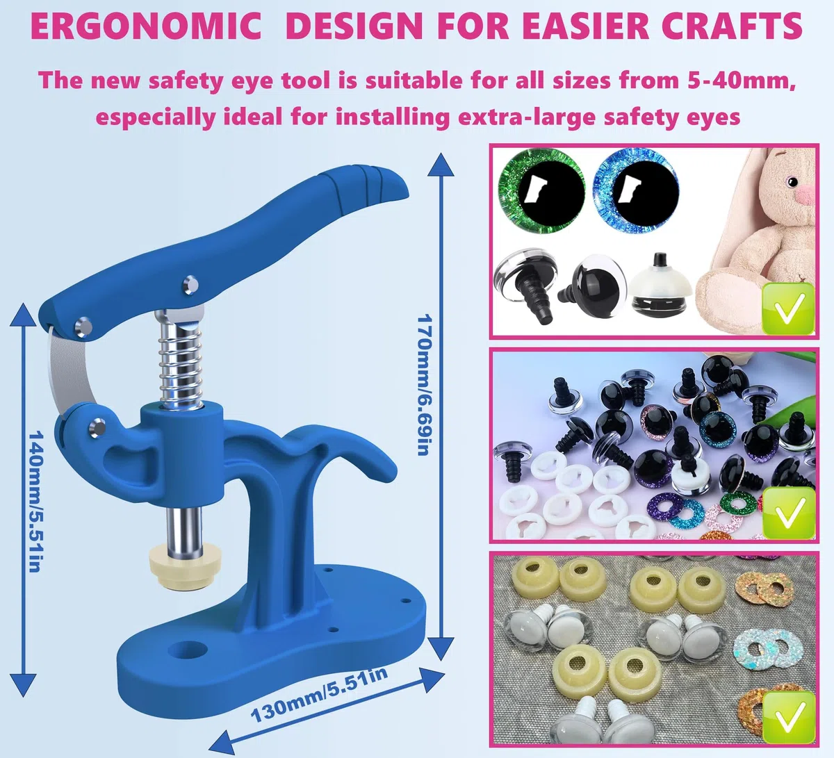 Montagewerkzeug für Sicherheitsaugen Häkeltiere, Amigurumi Augen Tool für Knopfaugen & Steckaugen 5 – 45mm, Sicherheitsaugen Zange zum Anbringen von Häkel Augen, DIY Puppenaugen & Kuscheltier