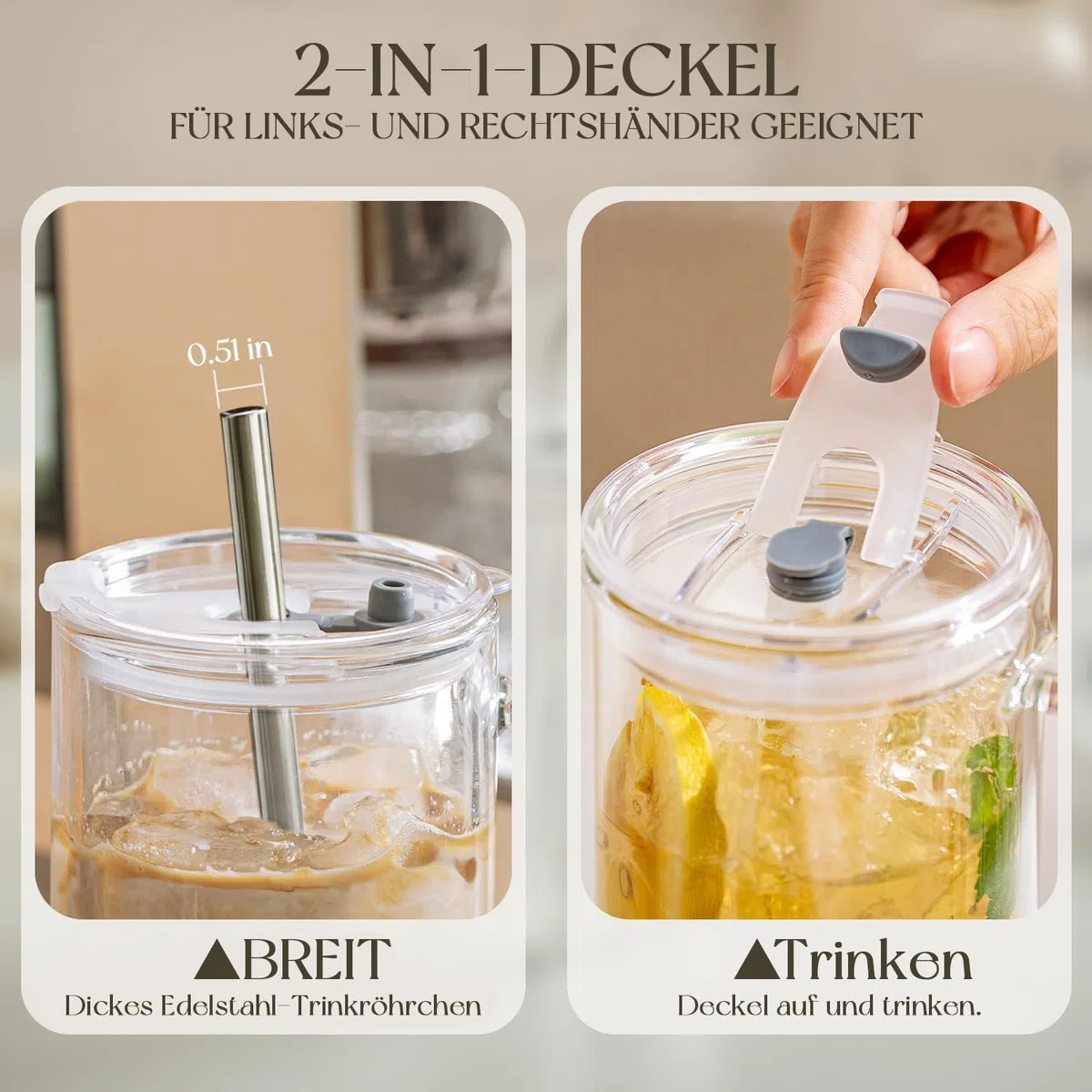 KEMORELA 2er-Set 710ml Glasbecher mit Griff, Deckel & Edelstahl-Strohhalmen – Wiederverwendbare Mason Jar Trinkgläser für Eiskaffee, Smoothies, Säfte & Tee – Inkl. Reinigungsbürste