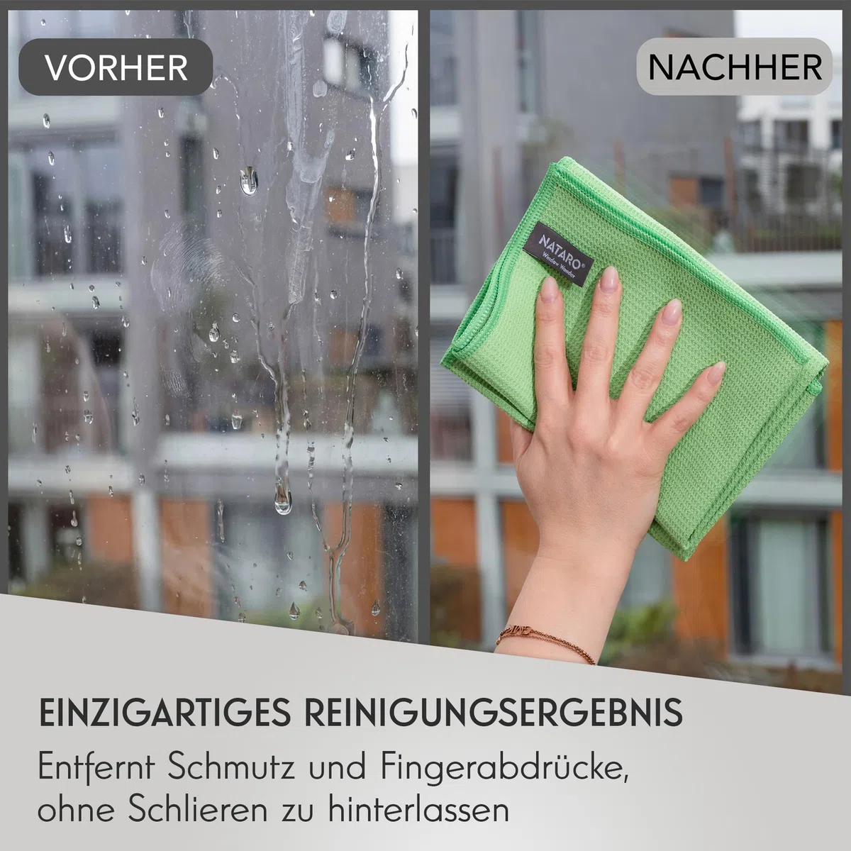 NATARO® 3 Stück Window Wonder – Premium Fenstertuch - Microfasertuch & Glastuch, streifenfrei, fusselfrei – Trockentuch für Glas, Spiegel, Scheiben – 60x40 cm