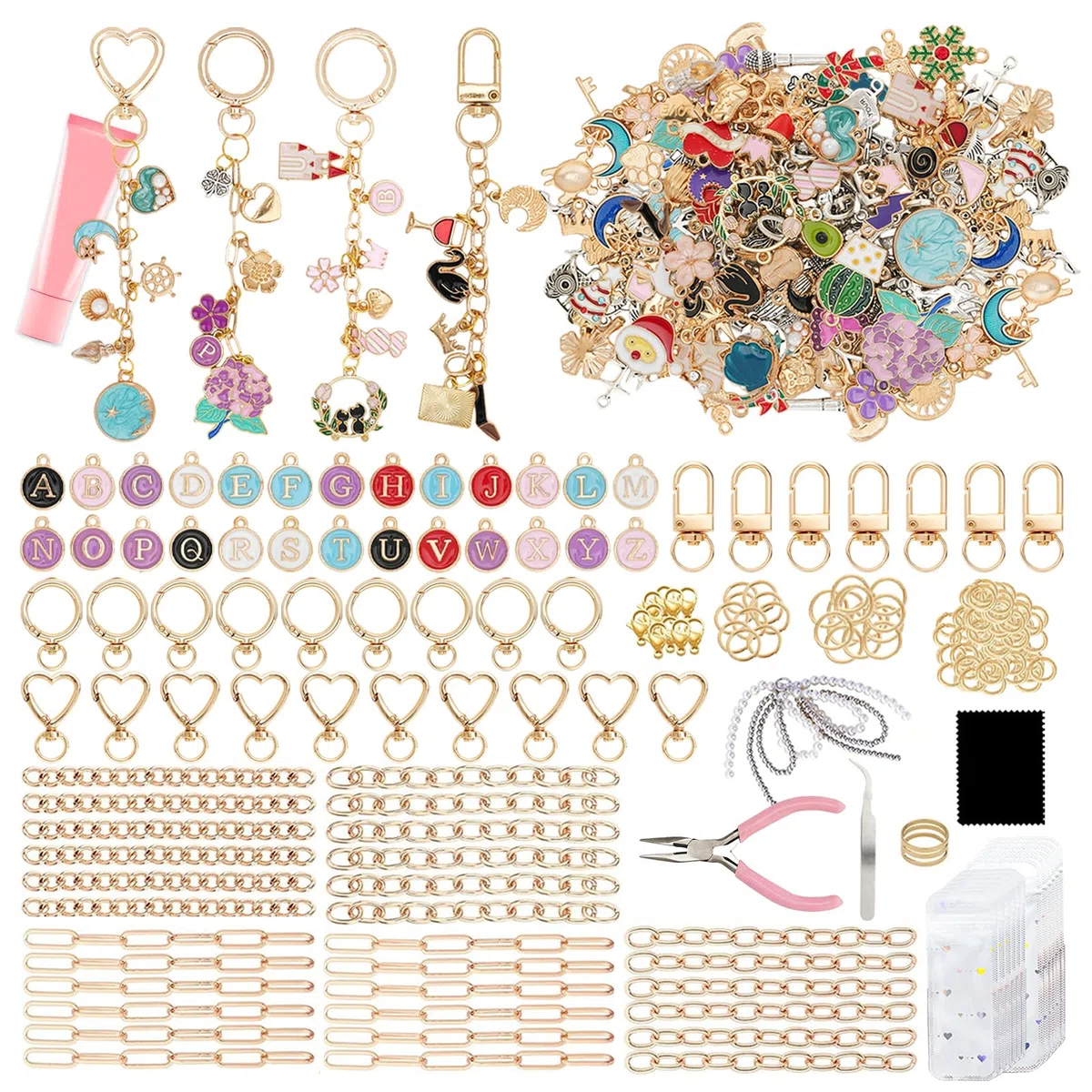 432 Stück DIY Schlüsselanhänger Basteln Charms Anhänger Set, Keychain Set mit Charms, Schlüsselanhänger Clips, Verlängerungsketten, Biegeringen und Schmuckzange, Selber Machen von Schlüsselanhängern